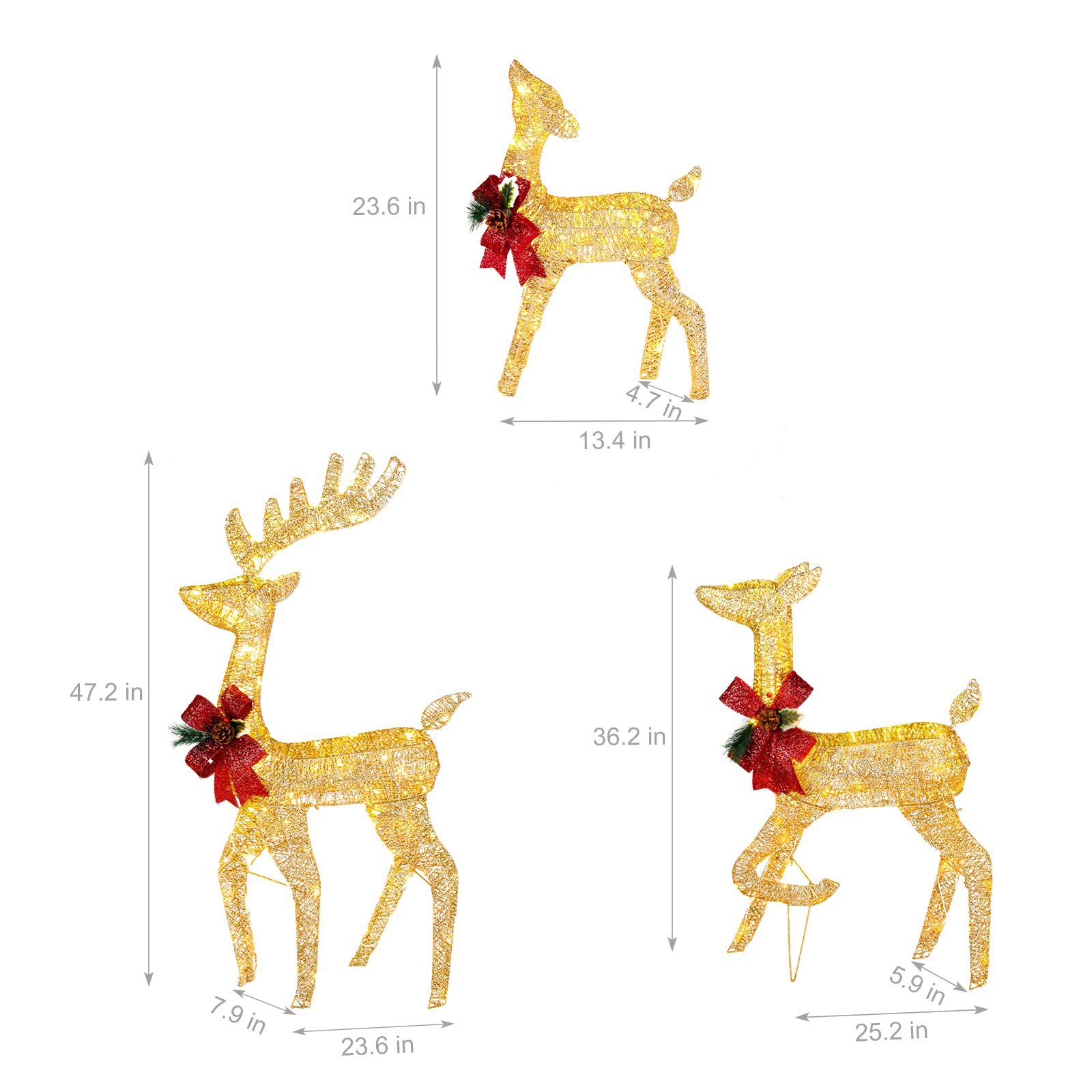 VINGLI Pre-lit Christmas Reindeer Decorations - 270 LED Outdoor Lighted Deer Family Set of 3 (Gold) | Weatherproof Holiday Yard Decor for Home, Garden, and Indoor Christmas Displays