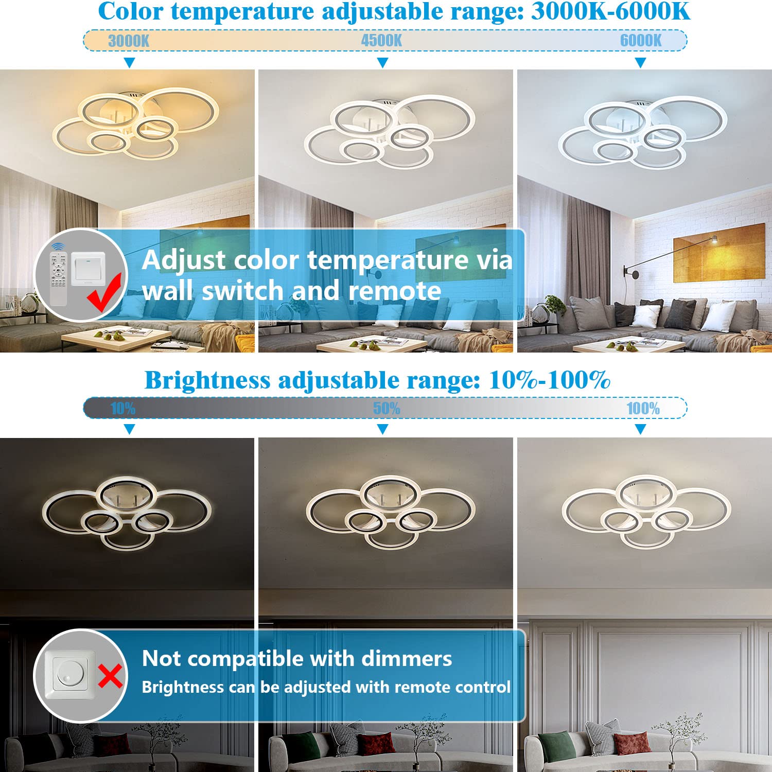 Modern 6-Ring LED Ceiling Light Fixture with Remote Control - Dimmable Flush Mount Lighting for Living Room, Bedroom, Kitchen & Dining Room - Energy Saving Home Decor & Ambient Lighting Solution