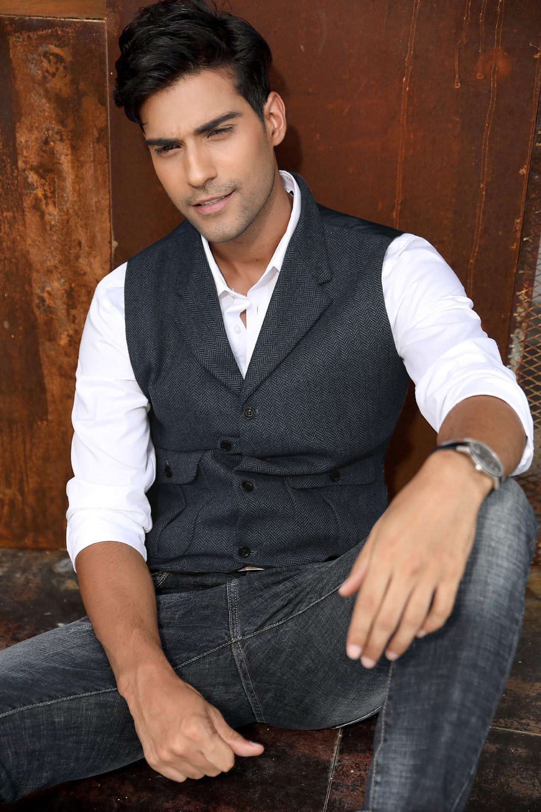 Men's Slim Fit Herringbone Tweed Wool Blend Waistcoat - Western Style Casual Suit Vest for Weddings, Parties & Office Wear