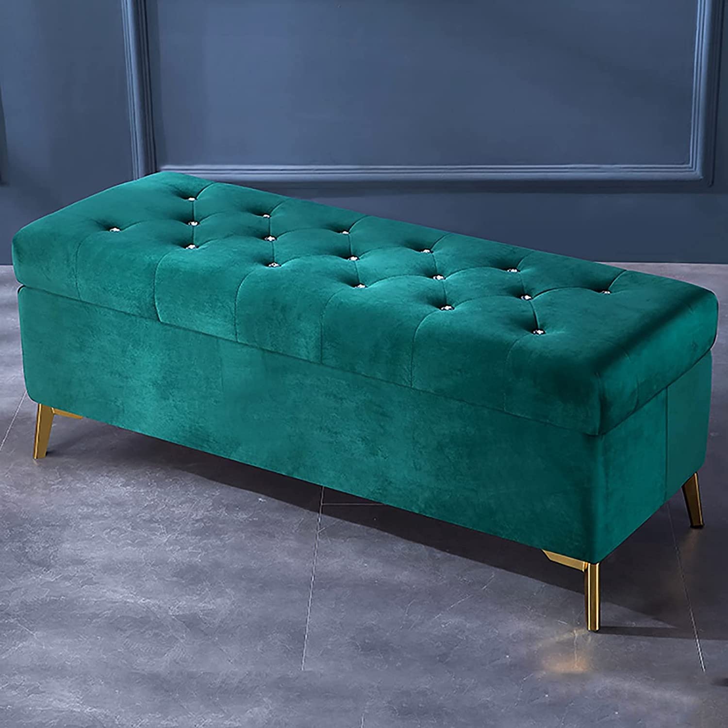 Luxury Velvet Upholstered Storage Ottoman Bench with Crystal Buttons - Modern Living Room Footrest, Bedroom Seat & Entryway Shoe Organizer (60x42x45cm, Emerald Green) | Perfect for Small Space Decor, Guest Seating & Shoe Storage Solutions