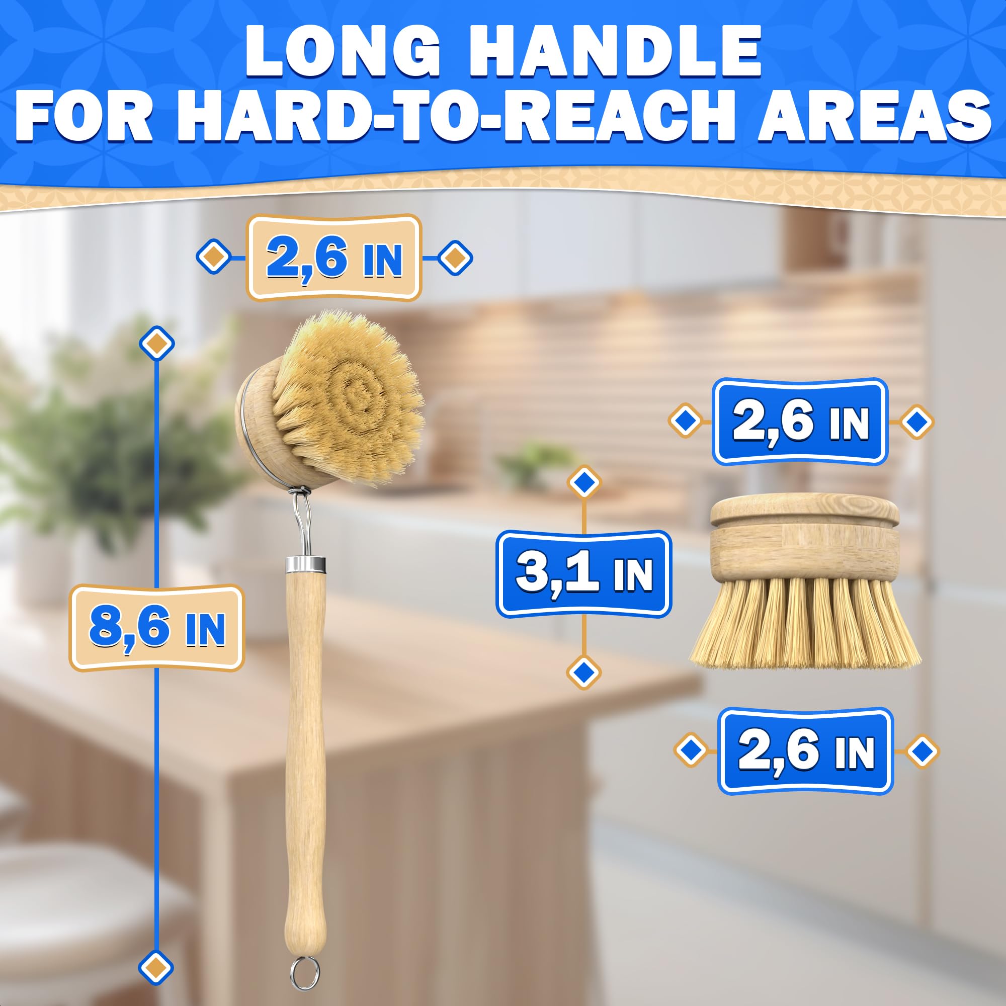 5Pcs Eco-Friendly Bamboo Dish Brush Set - Wooden Scrub Brush for Kitchen, Pots & Pans - Natural Dishwashing Brush with Ergonomic Handle - Perfect for Sustainable Cleaning & Zero Waste Lifestyle