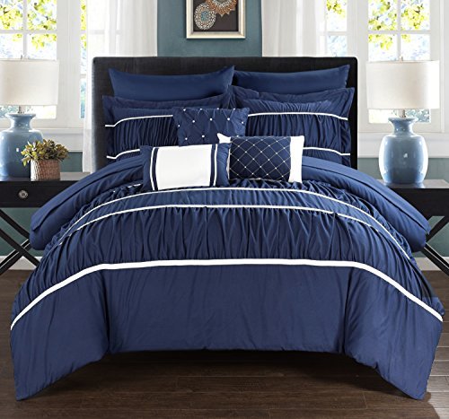 Chic Home Blanche 10-Piece King Size Comforter Set - Navy Blue Pleated Ruffled Bedding with Sheet Set & Decorative Pillow Shams | Complete Bed in a Bag for Luxurious Bedroom Decor | Perfect for Master Bedrooms, Guest Rooms & Cozy Home Styling