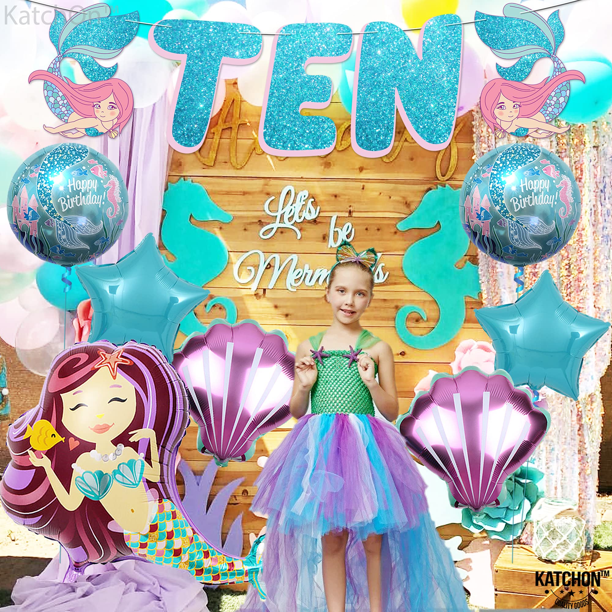 KatchOn Mermaid Birthday Decorations for Girls - 10th Birthday Party Supplies Set of 8 Mermaid Balloons | Perfect for Mermaid Themed Parties, Underwater Decor, and 10 Year Old Girl Celebrations