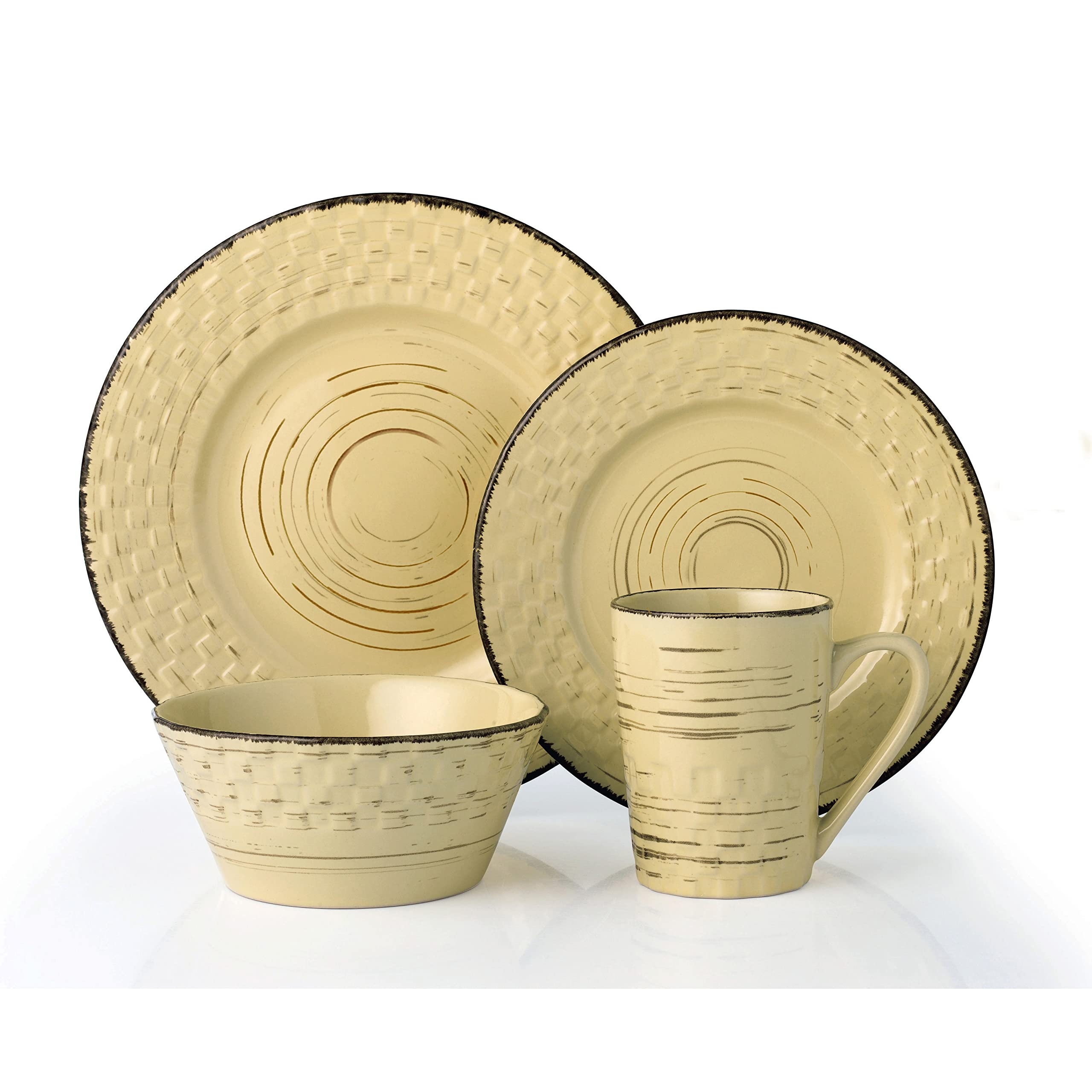 16-Piece Stoneware Dinnerware Set for 4 - Elegant Distressed Weave Design in Buttercup Yellow | Perfect for Family Dinners, Holiday Entertaining & Restaurant-Style Dining