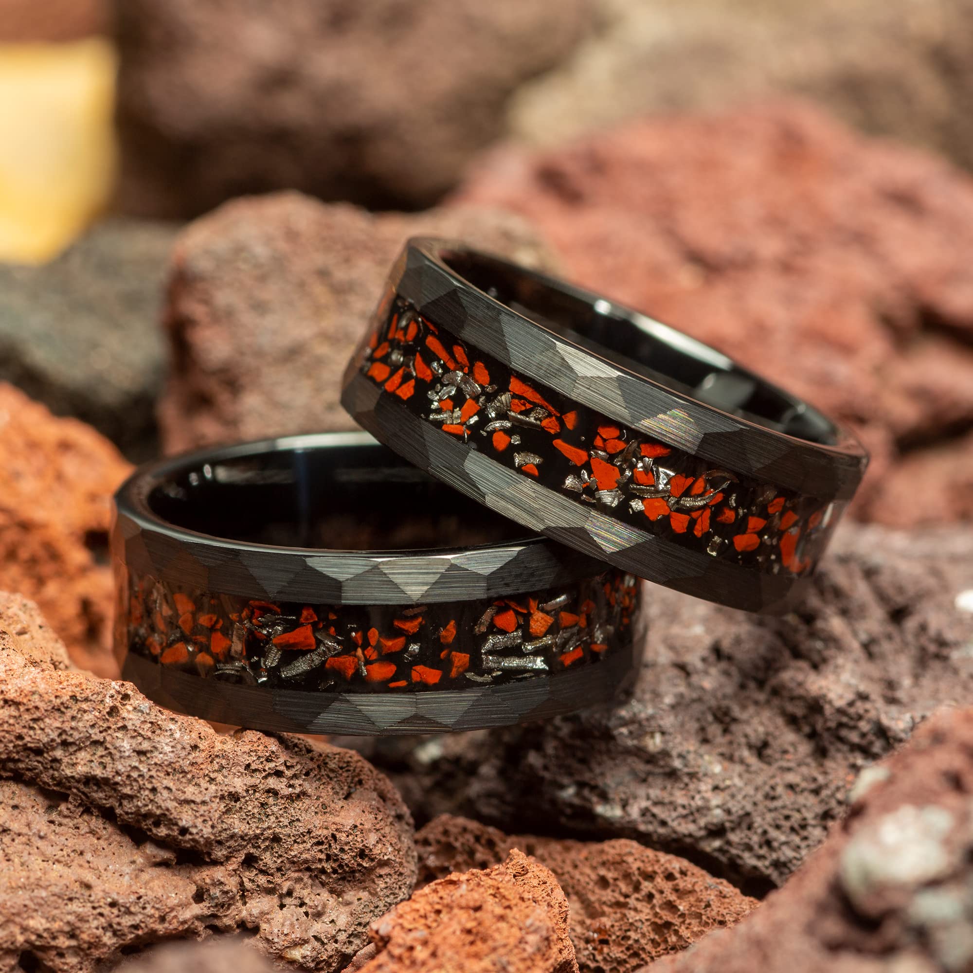 Dinosaur Bone & Meteorite Men's Wedding Ring - 8mm Hammered Black Tungsten Band - Comfort Fit for Men - Unique Groomsmen Gift for Weddings & Anniversaries