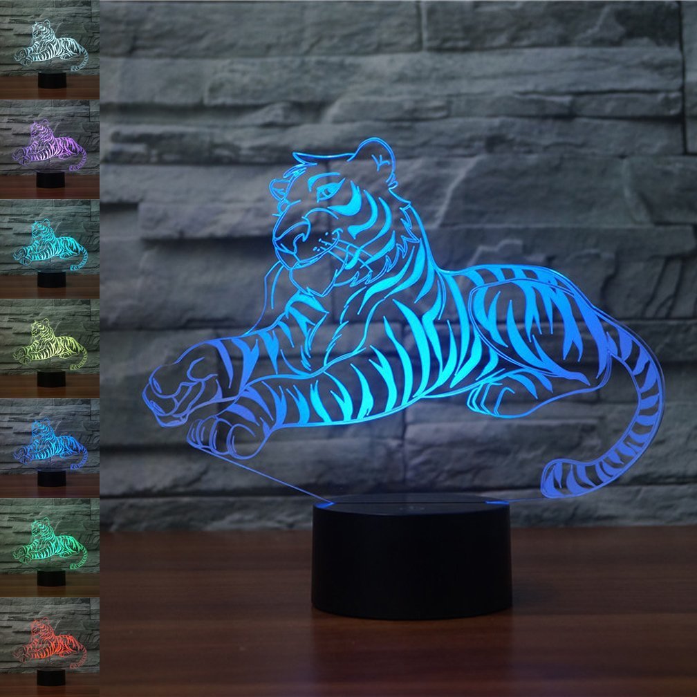 3D LED Night Light with 7 Color Changing Modes - USB Touch Desk Lamp for Kids & Adults | Creative Illusion Bedside Lamp for Bedroom, Nursery, Office Decor | Perfect Christmas Gift & Home Decoration (Tiger Design)