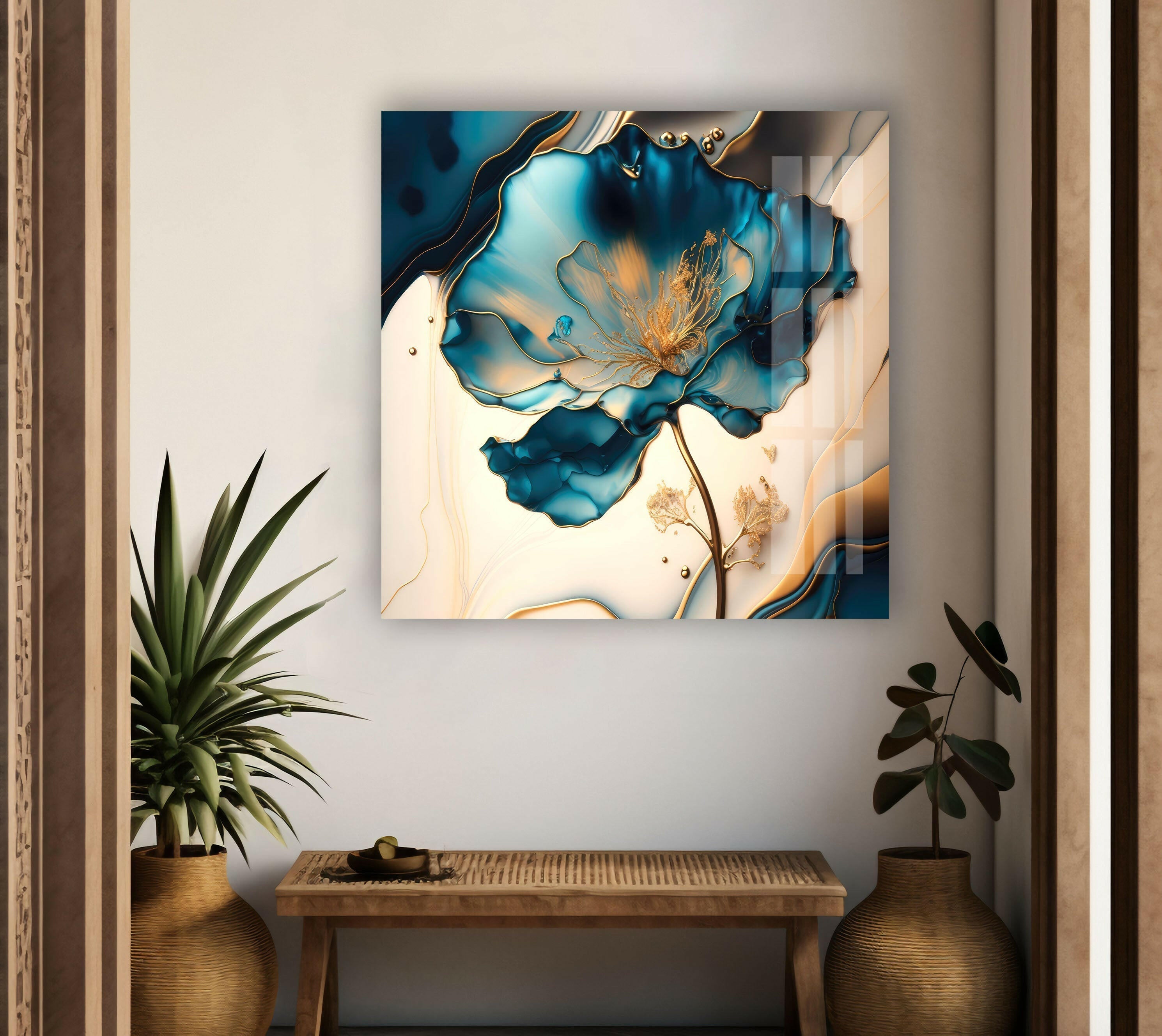 Blue Marble Flower Glass Wall Art - Elegant Handmade Home Decor for Living Room, Bedroom & Office - Perfect for Modern & Boho Interior Design