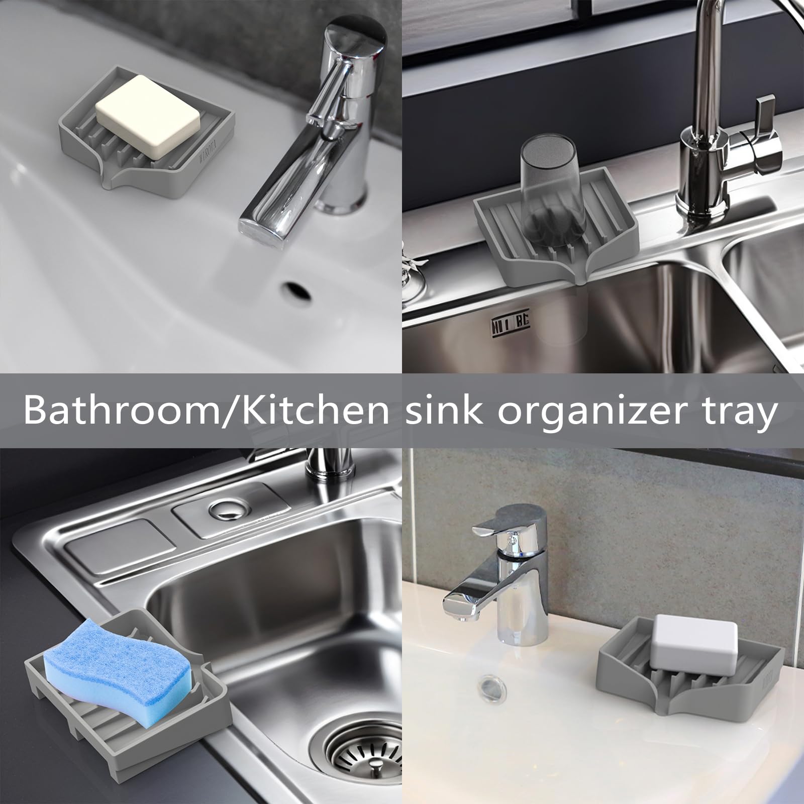 2 Pack Self Draining Soap Dish with Anti-Slip Design, Silicone Bar Soap Holder for Shower & Bathroom - Waterfall Drain, Sponge Tray for Kitchen Sink - Perfect for Bath, Shower, Kitchen & Travel Accessories (Gray)