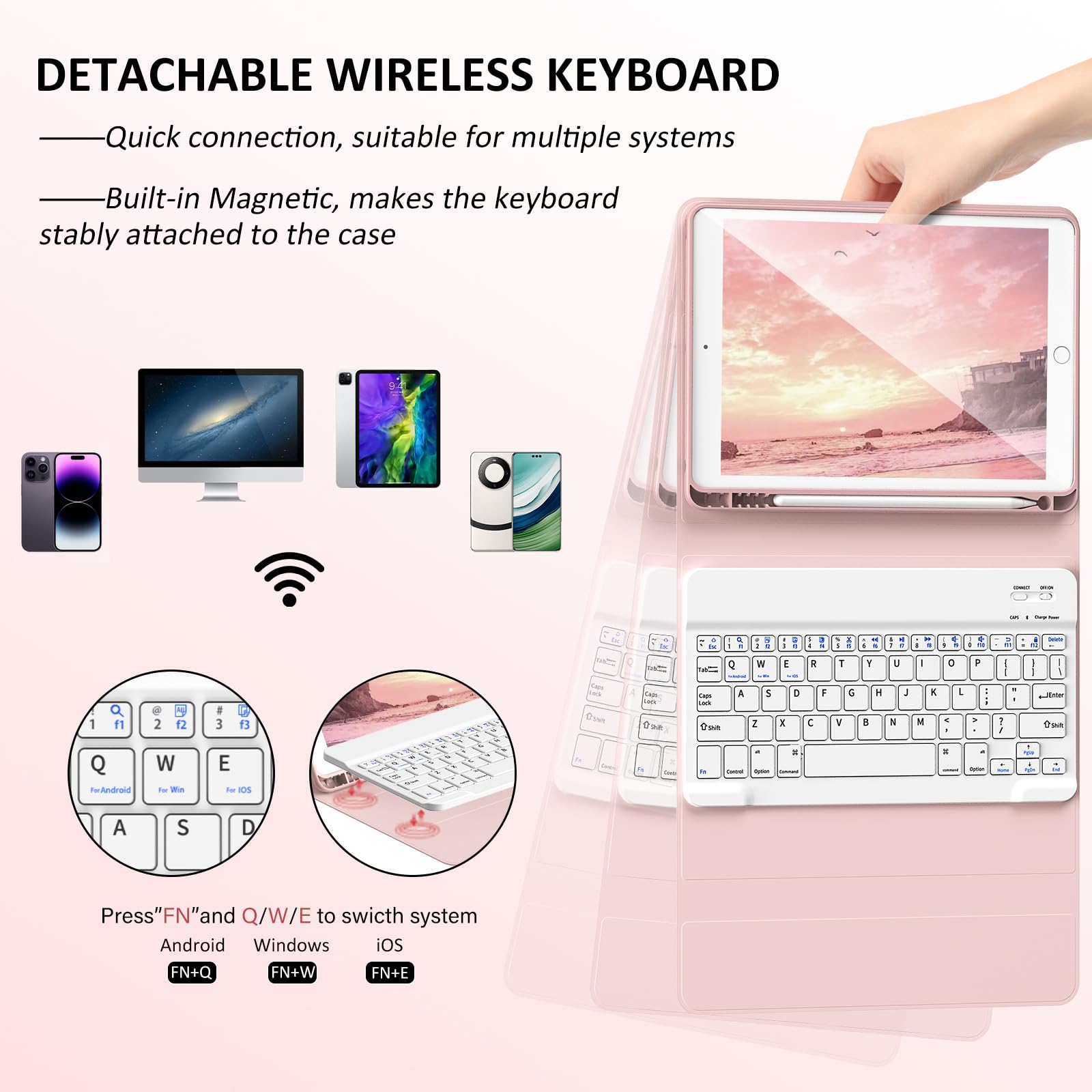 JKSML 9.7 Inch Bluetooth Keyboard Case for iPad 6th/5th Gen (2018/2017) & iPad Air 2/Air 1 - Detachable Rechargeable Keyboard with Pencil Holder, Auto Sleep/Wake Cover - Pink | Perfect for Work, Study & Travel