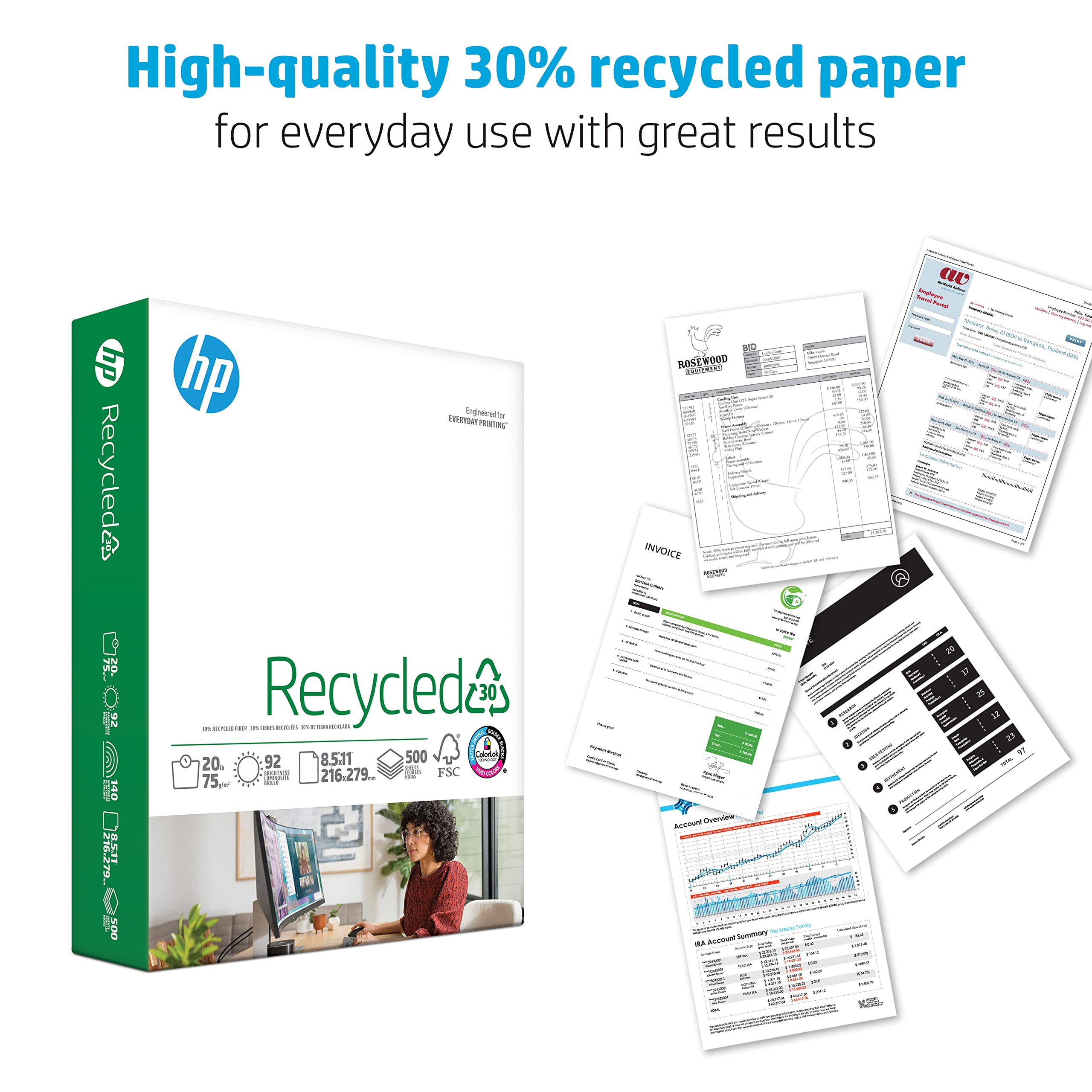 HP Printer Paper 8.5 x 11 Inches - 30% Recycled Copy Paper, 1 Ream (500 Sheets), 92 Brightness, FSC Certified, Made in USA - Ideal for Home Office, School & Business Printing