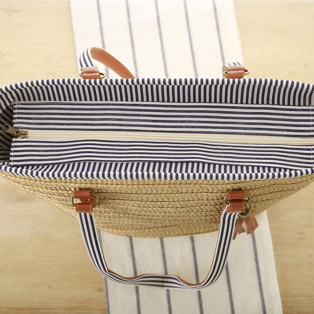 Stylish Hsthe Sea Straw Beach Handbag for Women - Crossbody Shoulder Bag with Leather Handles & Tassel - Perfect for Summer Travel, Shopping & Craft Fairs (Brown)
