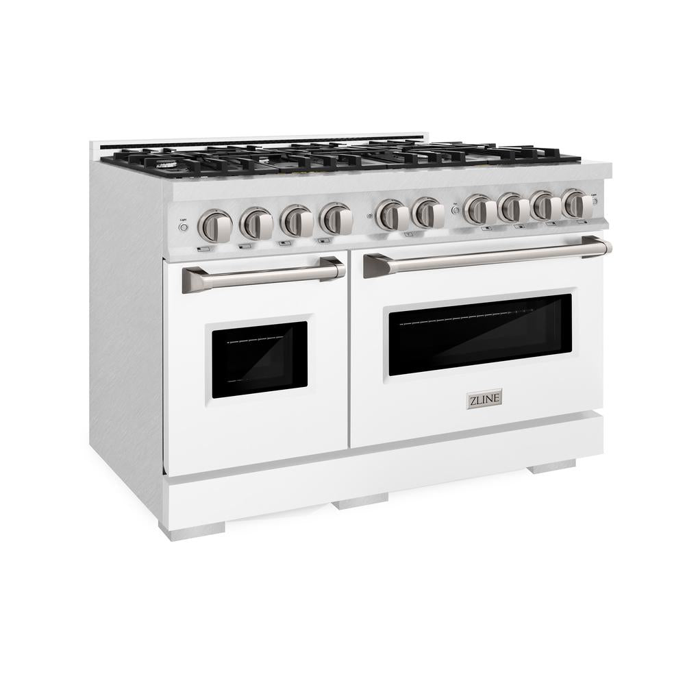ZLINE 48-Inch 6.7 cu. ft. Dual Fuel Range with 8-Burner Gas Cooktop - Satin Stainless Steel & White Matte Doors (CDRS WM 48) - Perfect for Large Kitchens & Professional Cooking