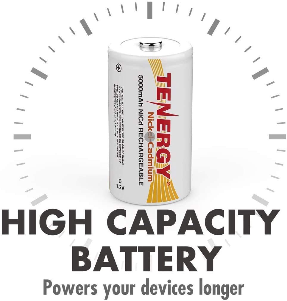 Tenergy D Size 5000mAh NiCd Rechargeable Batteries with Button Top - 80 Pack for Flashlights, Toys, Emergency Kits & Electronic Devices