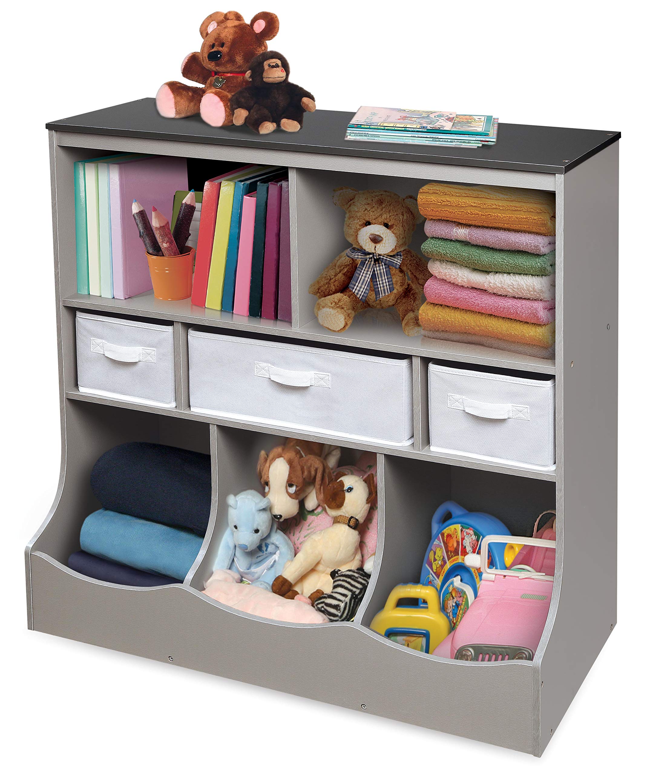 Badger Basket Combo Bin Toy Storage Unit & Book Shelf for Kids with 3 Bins - Woodgrain Gray | Kids Room Organization, Nursery Storage, Playroom Decor
