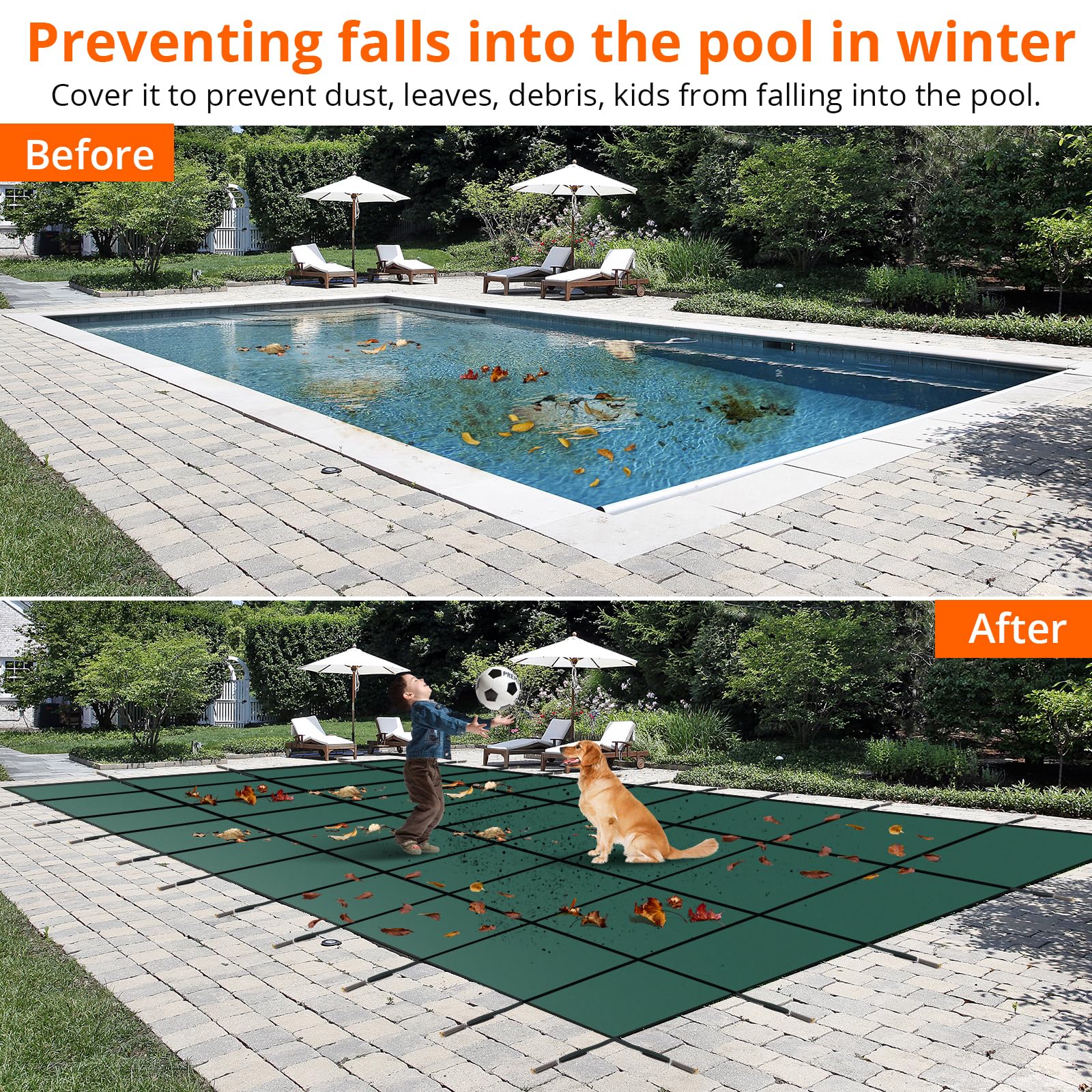 GARVEE 18x34ft Inground Pool Safety Cover with Center Steps - Heavy Duty Mesh Net, Complete Installation Kit & Anchors - Fits 16x32ft Swimming Pools - Perfect for Backyard, Family, and Pet Safety Protection