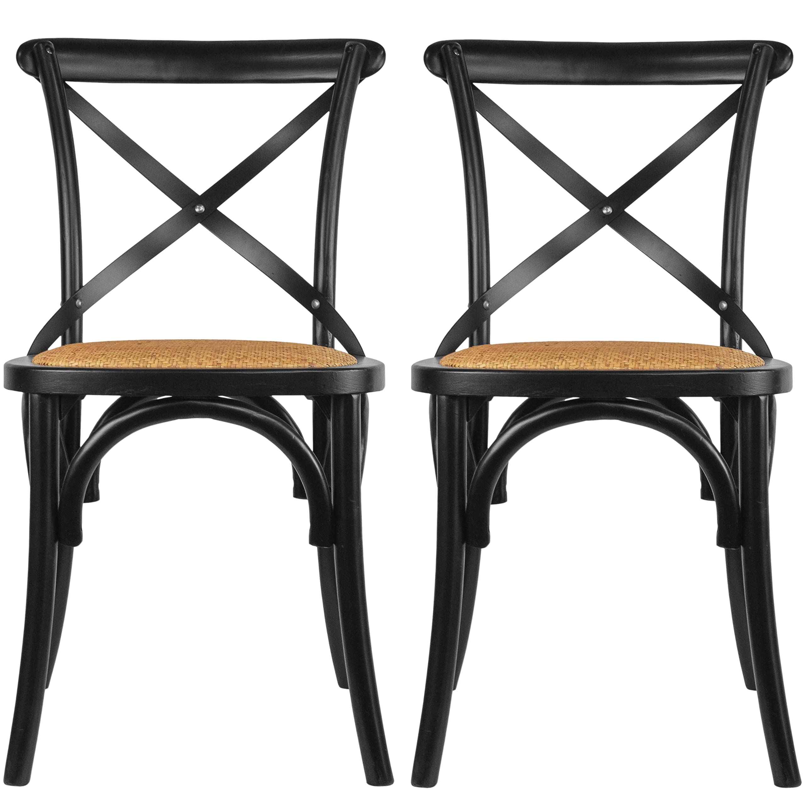 2-Pack Black Mid Century Modern Farmhouse Dining Chairs - Solid Wood X-Back Design with Woven Seat for Kitchen, Dining Room & Home Office - Vintage Style Accent Chairs (Set of 2, Assembled)