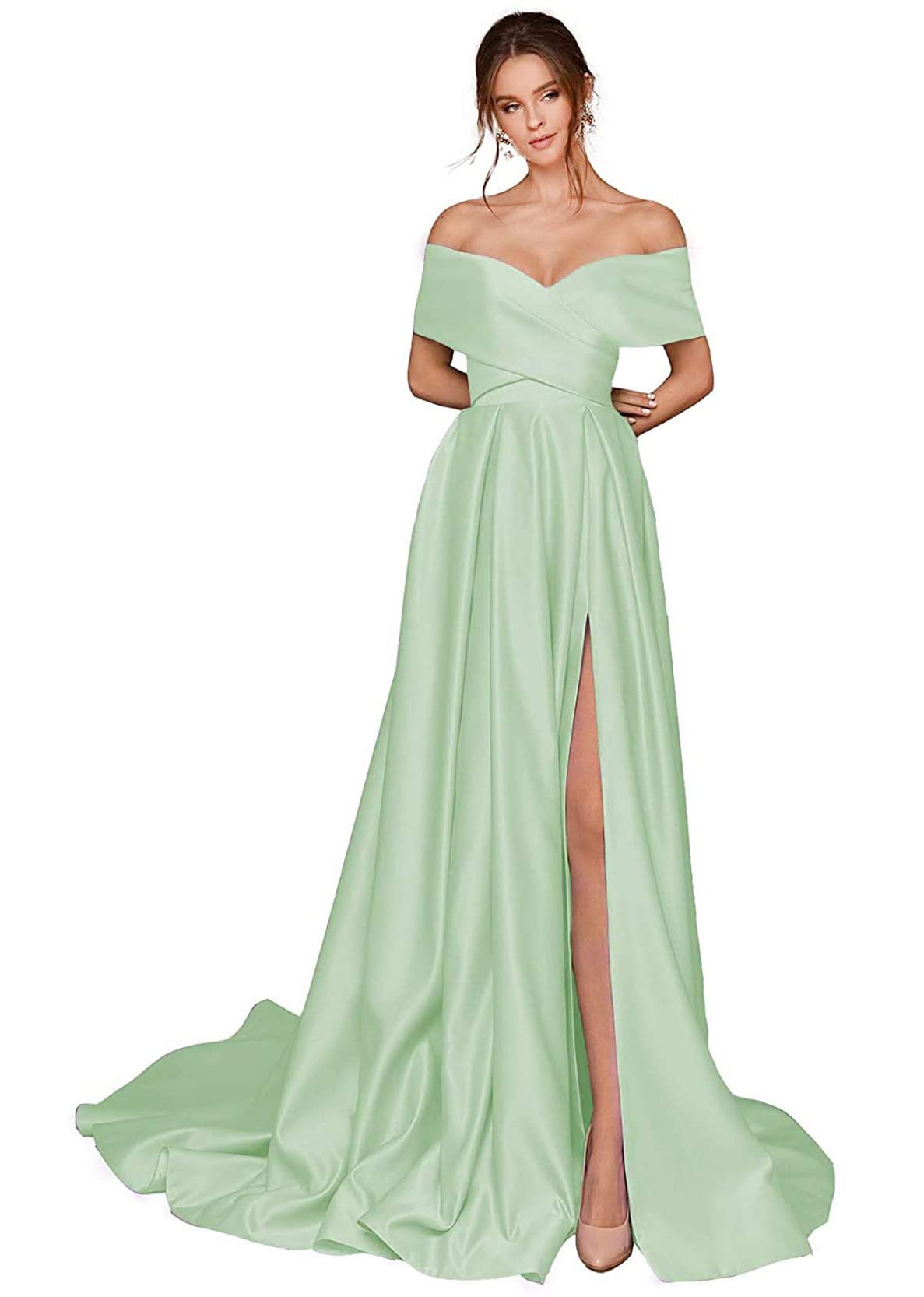 Elegant Off The Shoulder Prom Dresses for Women - Long Sleeve Formal Evening Gowns with Thigh High Split & Hidden Pocket - Perfect for Homecoming, Prom Night, Wedding & Special Occasions