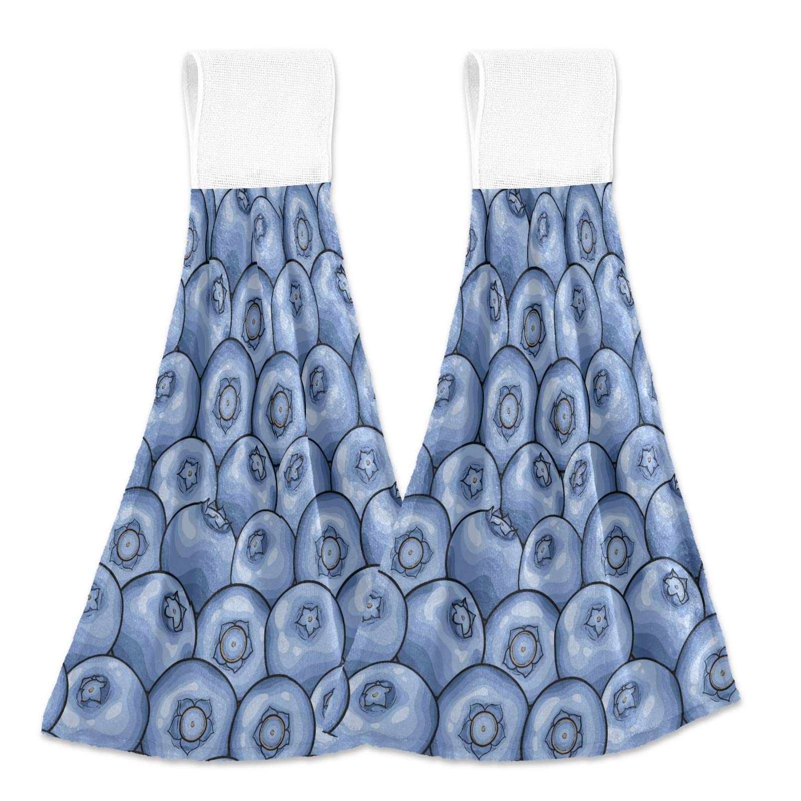 JUNZAN Blueberry Print Kitchen Hand Towels 2-Pack - Super Soft & Absorbent Decorative Hanging Tie Towels for Bathroom, Mudroom, Laundry - Perfect for Farmhouse & Beach House Decor | Ideal for Kitchen, Guest Bath & Coastal Homes