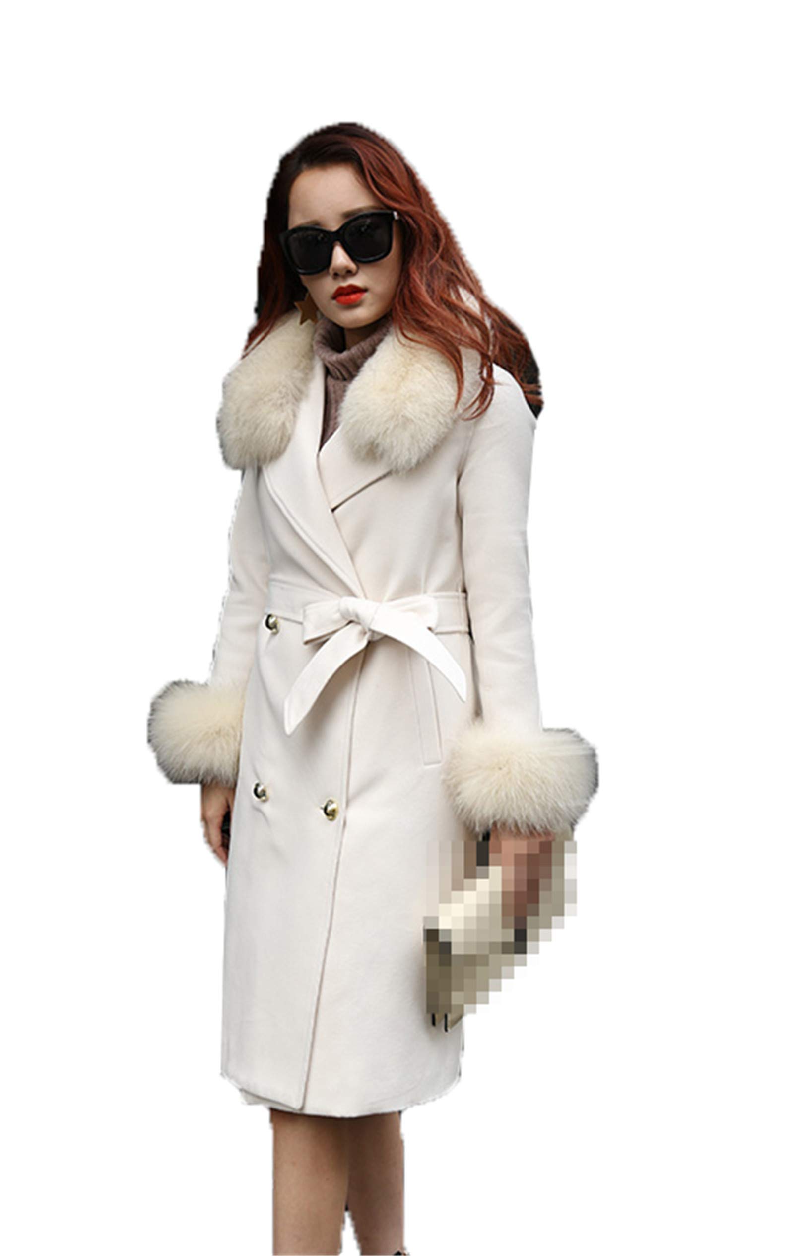 MNXOIA Women's Wool Coat - Mid-Length Double-Breasted Winter Coat with Pockets & Lace-Up Detail | Slim Fit Korean Style Woolen Jacket for Autumn & Winter | Perfect for Office, Dating & Outdoor Activities