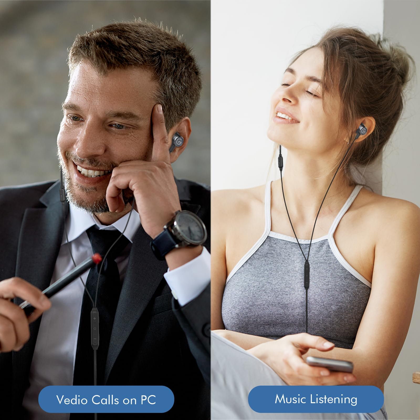 GEVO USB Wired Earbuds with Microphone - Noise Cancelling In-Ear Headphones for PC, Laptop (6.6FT Cable) - Volume Control & Mute Button - Perfect for Office Work, Live Streaming & Gaming Headsets