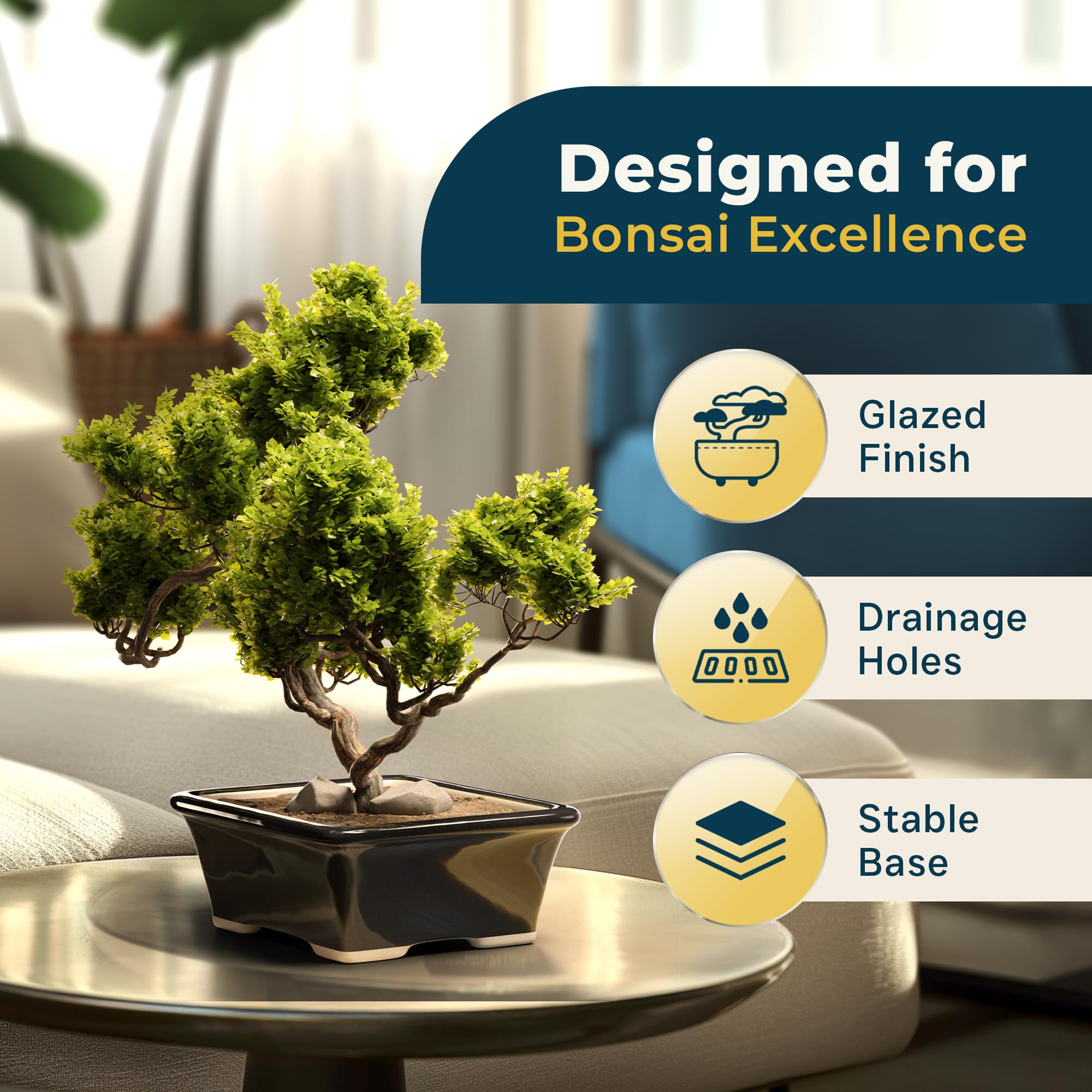 Glazed Ceramic Bonsai Pot - Premium Black Rectangular Planter for Succulents, Small Plants & Indoor/Outdoor Gardens - Ideal for Home Decor, Office Desk & Zen Garden Arrangements