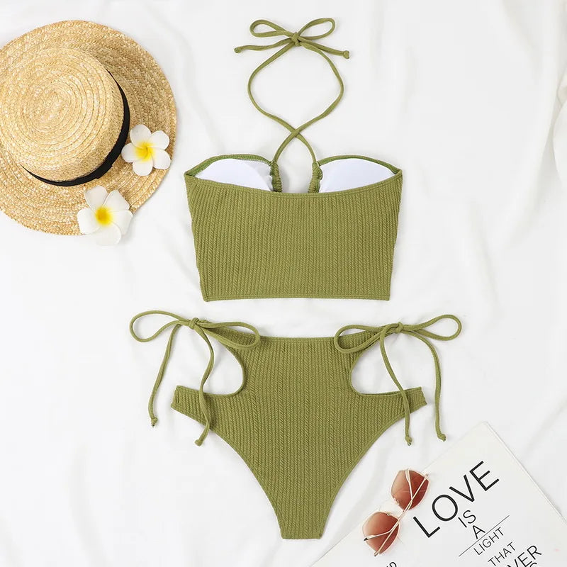 2024 Women's High Waist Bikini Set - Hollow Out Bandage Swimwear, Bandeau Bathing Suit for Beach & Pool | Sexy Summer Swimsuits for Women, Plus Size Swimwear for Vacation & Water Sports