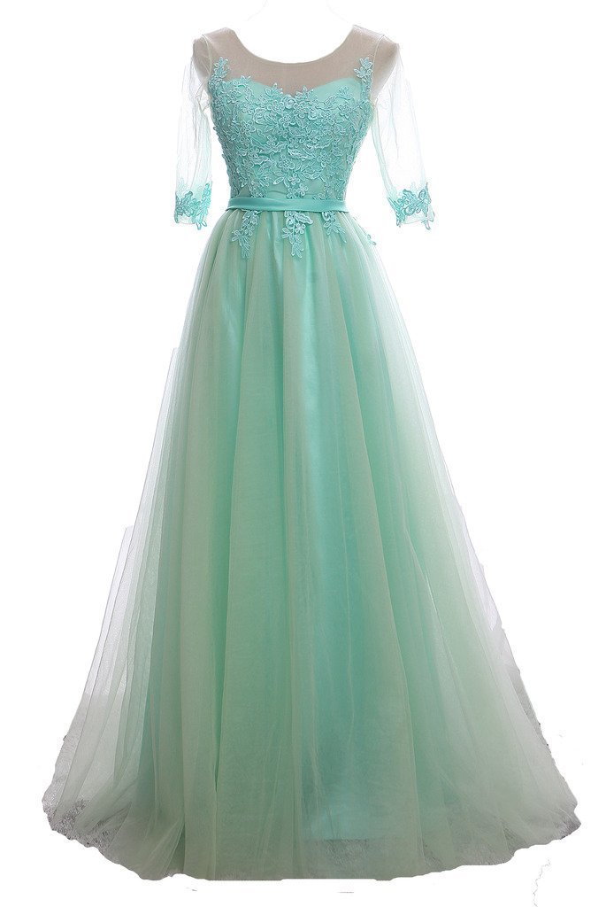 Elegant Women's Half Sleeve Lace Applique Tulle Formal Evening Gown - Perfect for Prom, Wedding Guest & Black Tie Events