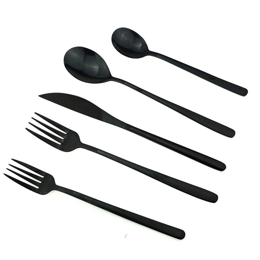 JASHII Mirror Polished Black 30-Piece SUS304 Stainless Steel Flatware Set - Dinner Knife, Fork, Spoon, Dessert Fork & Salad Spoon - Service for 6 - Elegant Tableware for Fine Dining, Wedding Gifts & Home Entertaining