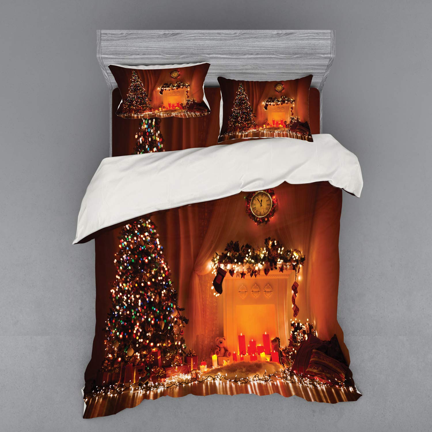 Ambesonne Christmas Bedding Set 4-Piece - Queen Size Duvet Cover with Shams & Fitted Sheet, Festive Holiday Xmas Print with Candles, Presents & Toys in Orange - Cozy Winter Bedroom Decor for Holiday Season