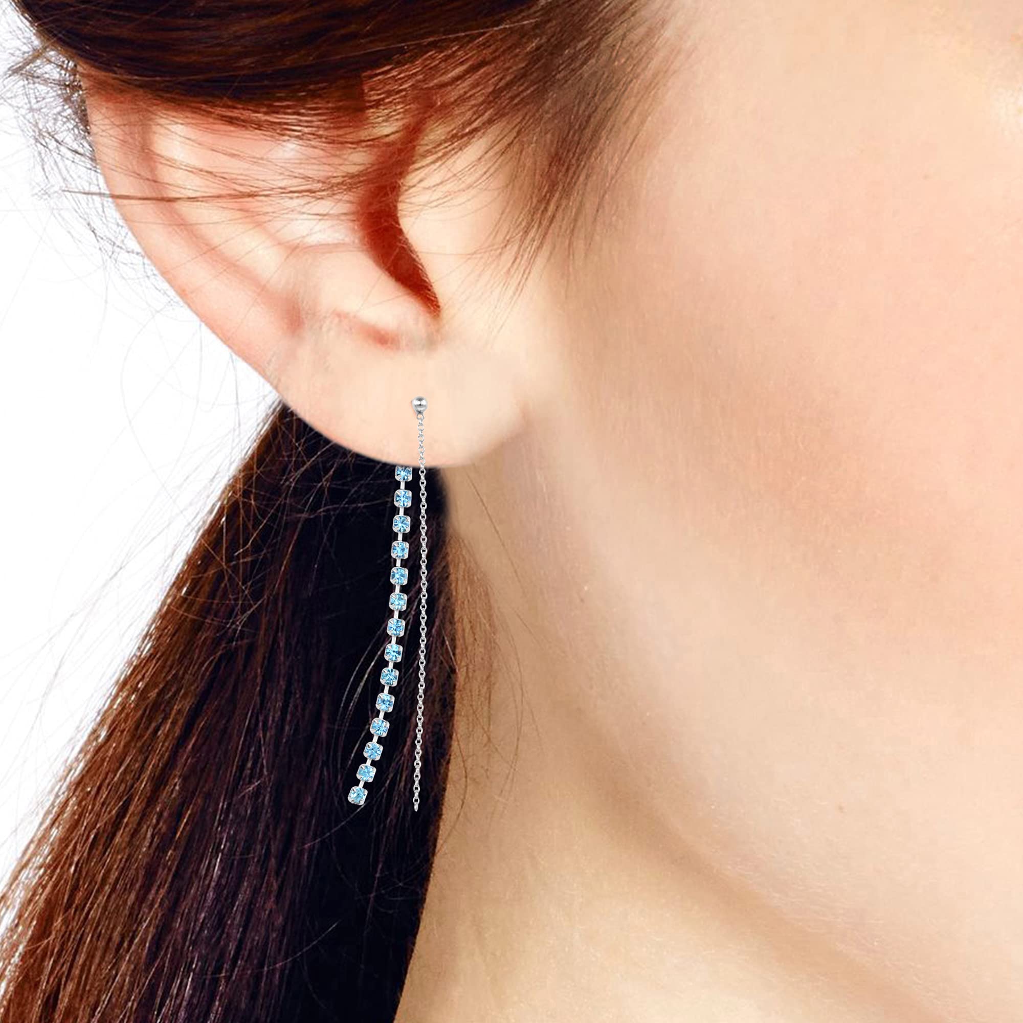 Convertible Glitzy Strand Cubic Zirconia Front Back .925 Sterling Silver Dangle Chain Earrings for Women - Elegant Party, Wedding & Evening Wear Jewelry