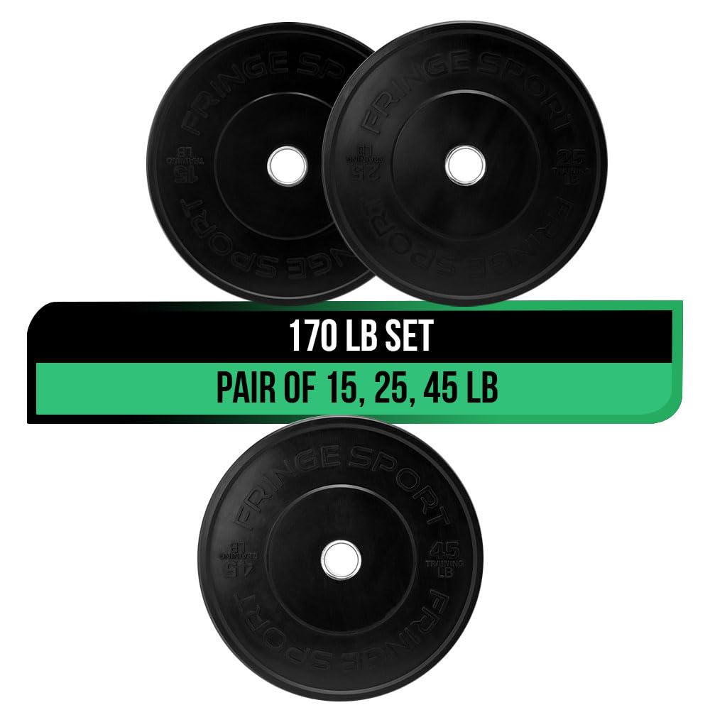 FringeSport Black Bumper Plates Set - Olympic Weight Plates for CrossFit, Powerlifting & Home Gym - High-Quality Rubber Weight Plates with Steel Insert (10lb-460lb) - Perfect for Strength Training, Deadlifts & Functional Fitness Workouts