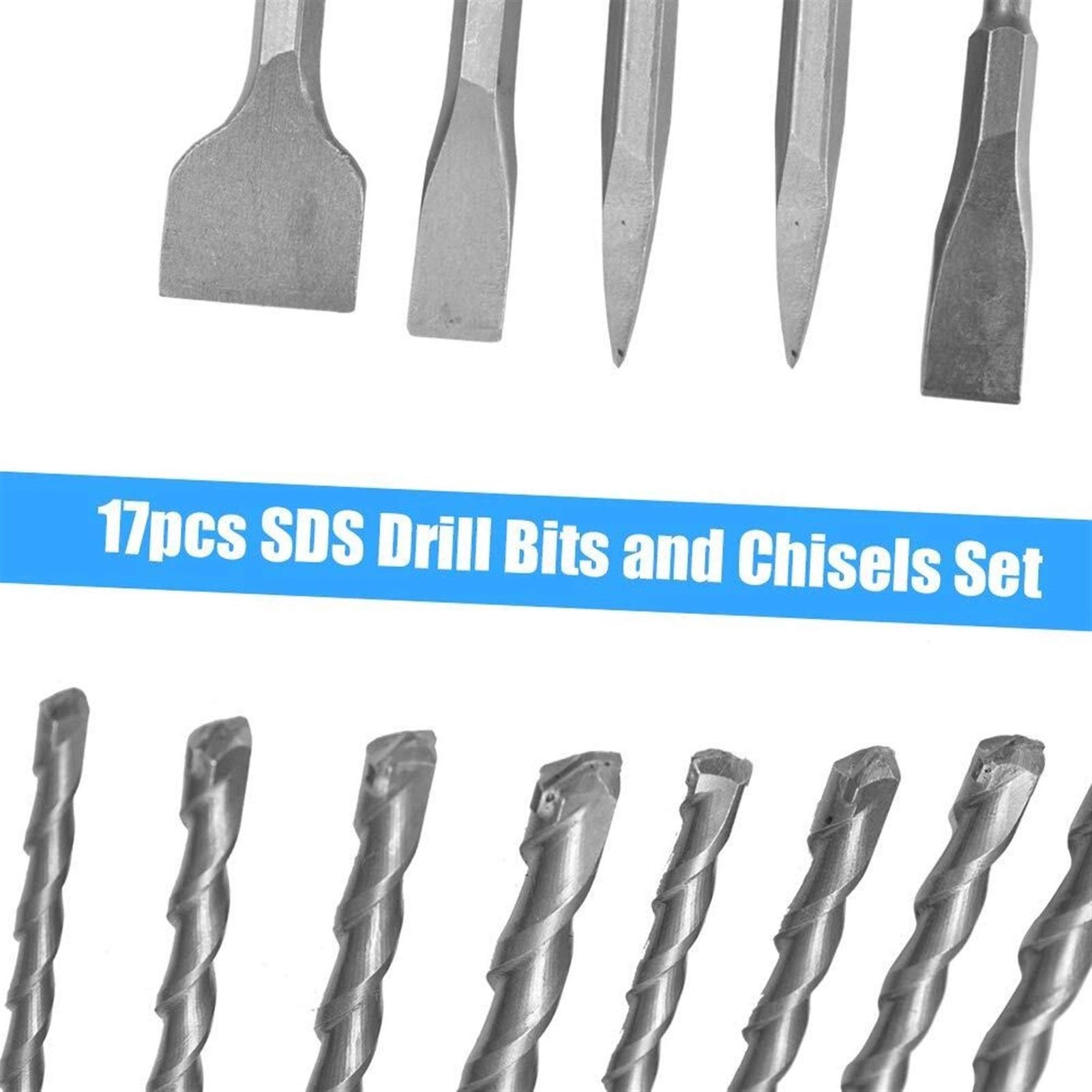 17pcs SDS Drill Bits and Chisels Set - Heavy Duty Rotary Hammer Drill Accessories for Concrete Drilling & Grooving | Durable Construction Tools with Aluminum Case | Perfect for DIY Projects, Home Renovation & Professional Construction Work