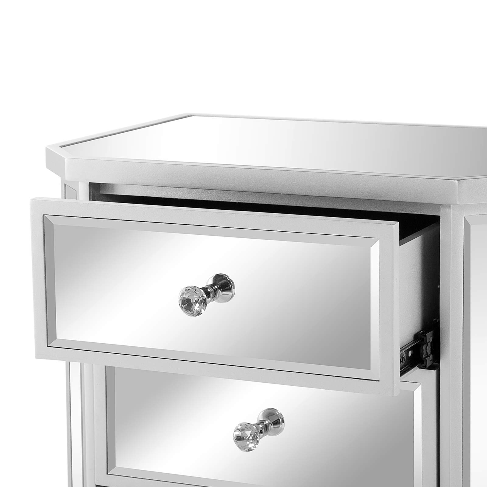 VINGLI 5-Drawer Mirrored Dresser - Modern Glass Chest of Drawers for Bedroom, Silver Finish | Perfect for Dressing Room, Living Room & Bedroom Storage