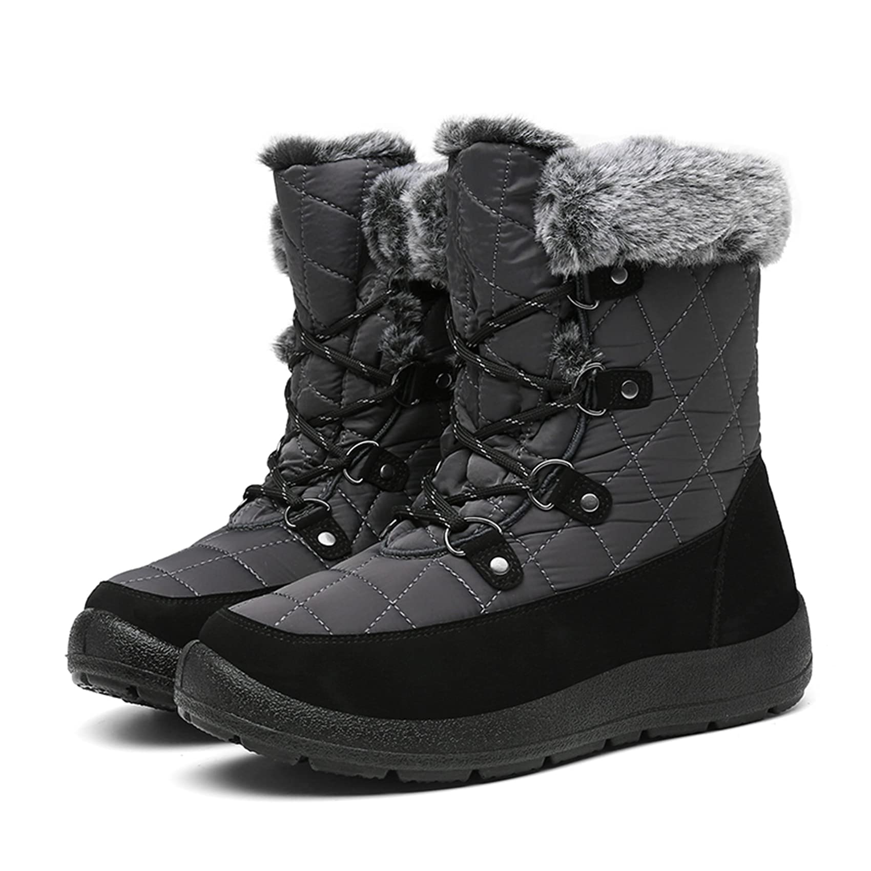 Women's Winter Snow Boots - Soft Comfortable Mid Calf Faux Fur Lined Insulated Black Outdoor Boots for Hiking, Walking & Cold Weather Activities