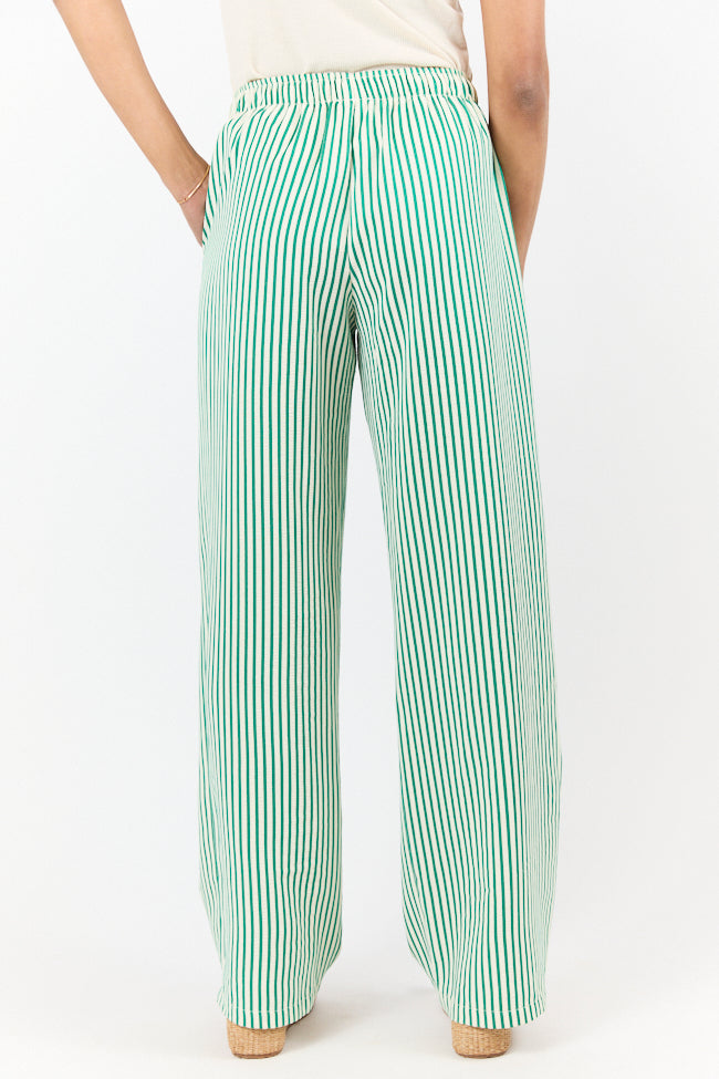 Shoreline Serenity Green Textured Stripe Pull On Pants for Women - Comfortable Elastic Waist Lounge Pants - Perfect for Yoga, Travel & Relaxing at Home