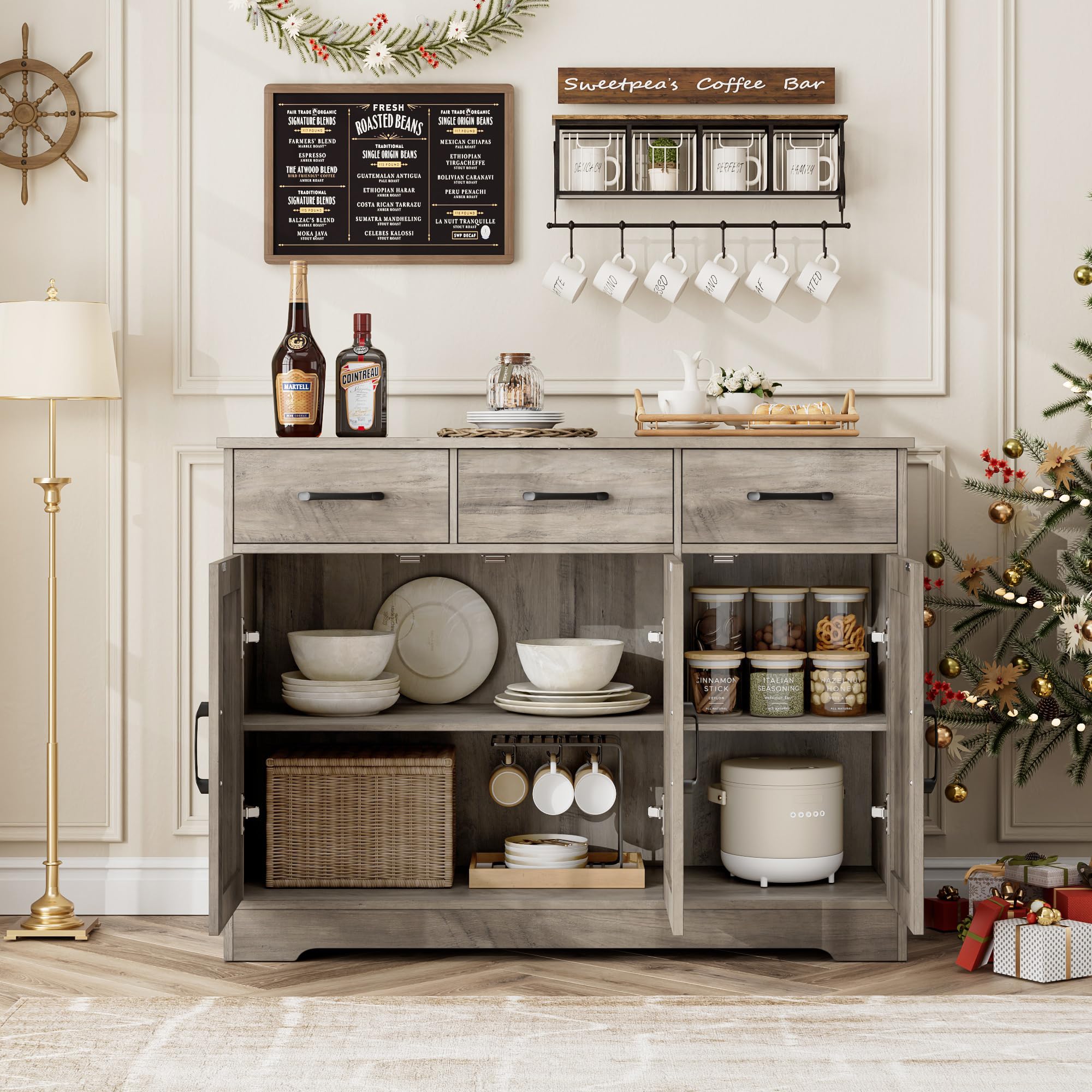 Modern Farmhouse Buffet Sideboard Cabinet with Barn Doors - Wood Storage Cabinet with Drawers & Shelves for Dining Room, Kitchen, Living Room - Ash Grey Coffee Bar Organizer for Home Decor & Entertaining
