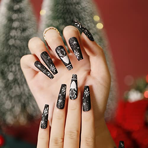 72pcs Long Coffin Press On Nails - Christmas Snowflakes Design Medium Length Ballerina Fake Nails, Full Cover Nail Tips for Women & Girls | Holiday Party, Gift Giving, Special Occasions