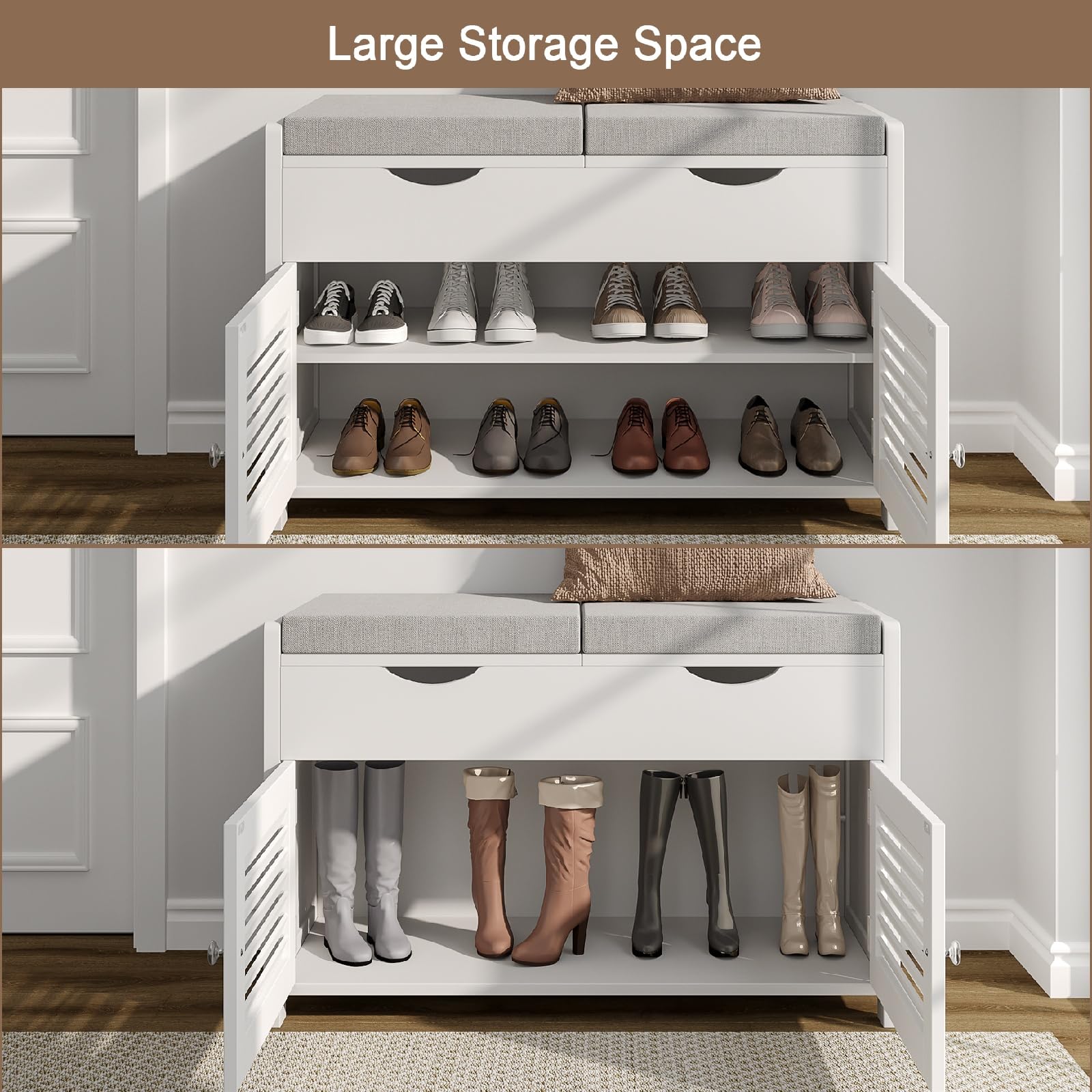 White Shoe Storage Bench with Lift Top - Entryway Bench with 2 Cushioned Seats, 3 Compartments & Adjustable Shelf - Hidden Storage Shoe Cabinet for Entryway, Bedroom & Living Room - Perfect for Organizing Shoes, Hats & Seasonal Items in Small Spaces