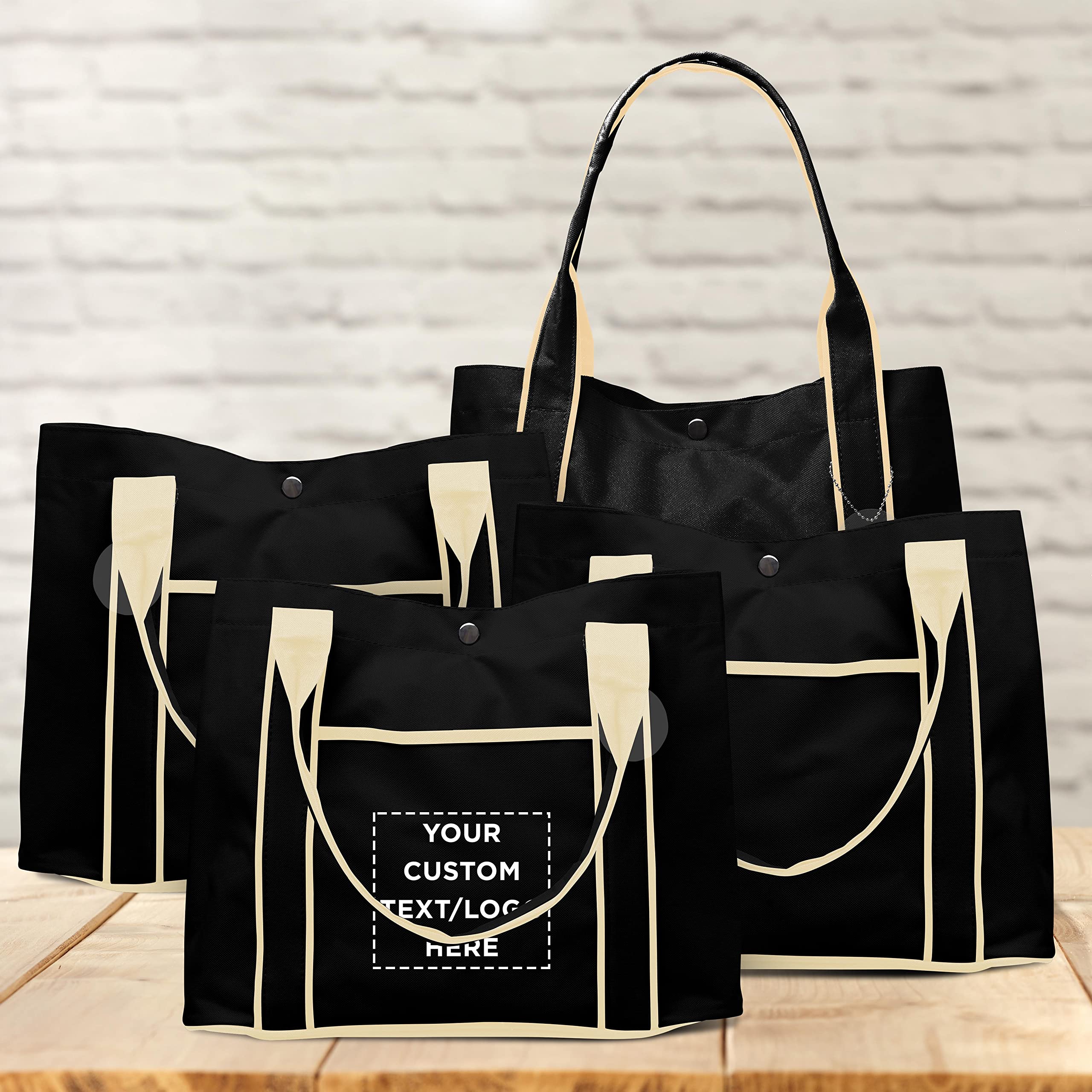Custom Printed Polyester Tote Bags Bulk Pack - 12 Pack Personalized Fashion Totes with Reinforced Straps & Snap Closure - Durable Reusable Shopping Bags for Grocery, Beach, Work & Everyday Use - Black