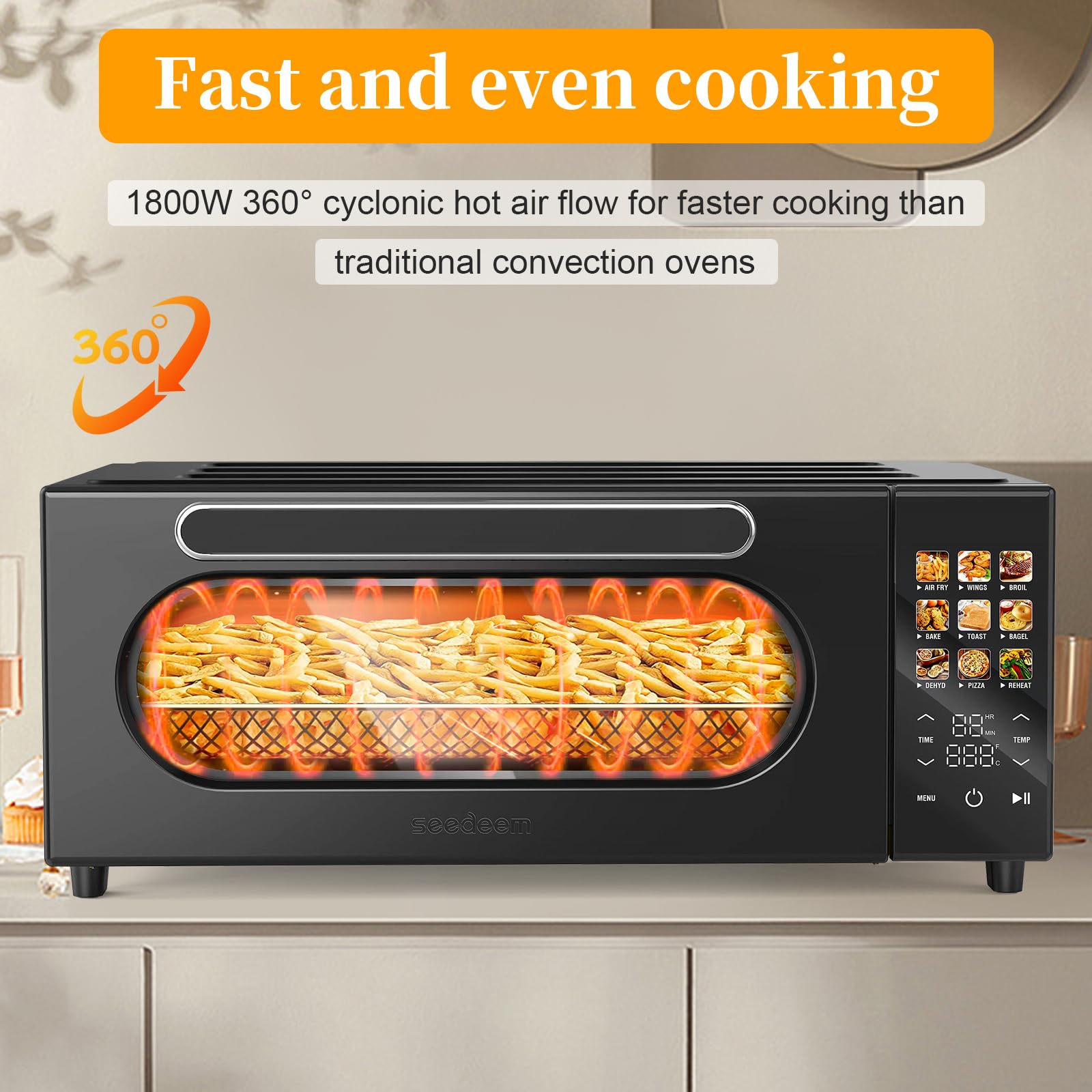 SEEDEEM 10-in-1 Air Fryer Toaster Oven with Convection, 15L Capacity - LCD Touch Screen, 1800W Countertop Oven for Baking, Roasting, Dehydrating - Includes 4 Accessories (Black) | Perfect for Small Kitchens, Dorms & RV Cooking