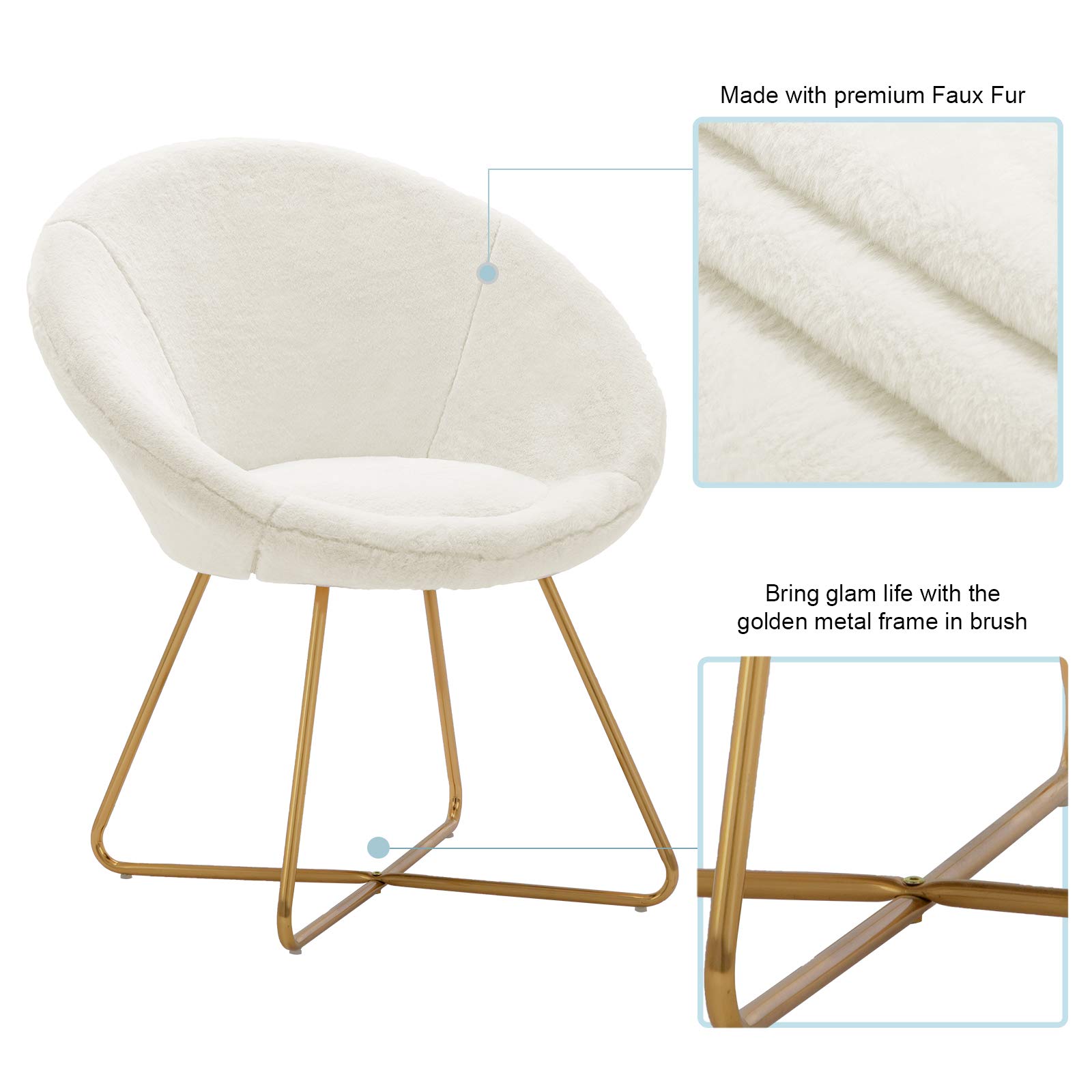 DUHOME Modern Faux Fur Accent Chair - Mid-Century Style Dining & Lounge Chair with Golden Metal Legs - White Living Room Furniture for Home Decor | Perfect for Reading Nook, Bedroom Seating & Cozy Conversation Areas
