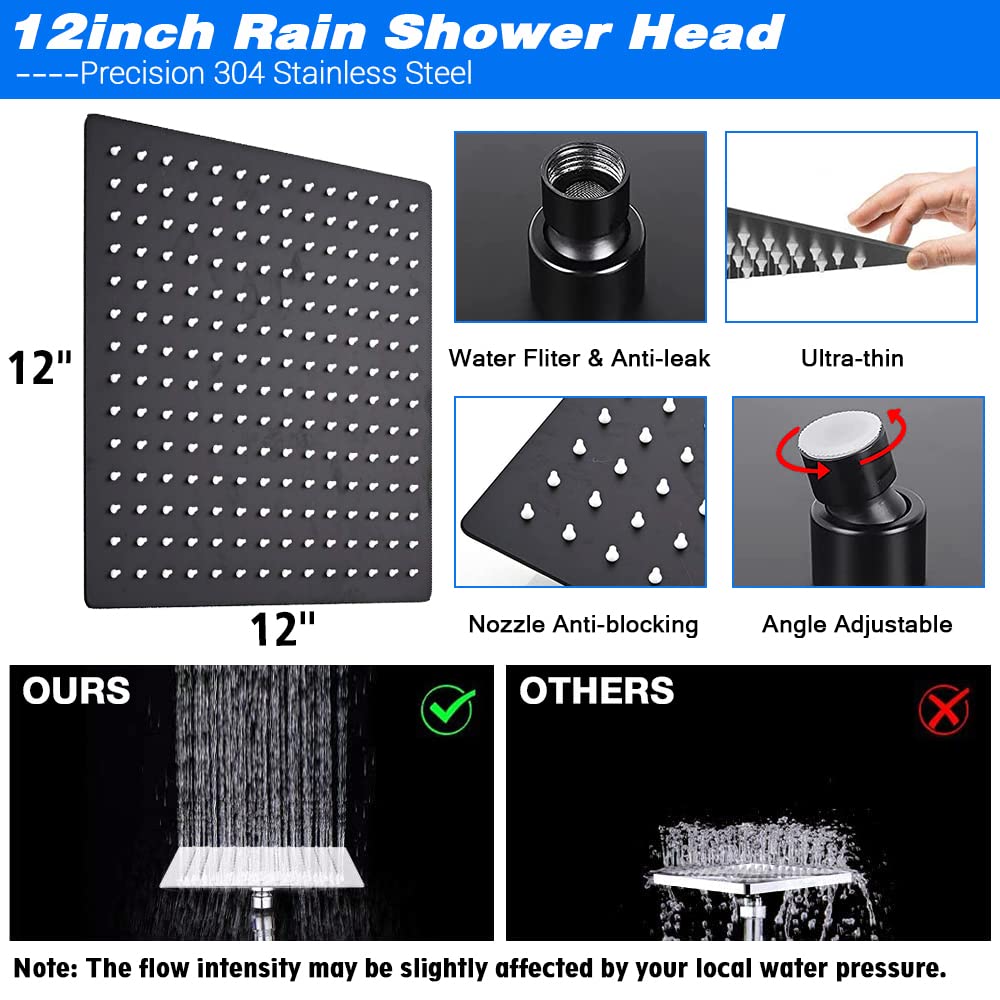 UPGRADED 12 Inch High Pressure Shower Head with Handheld Spray - Black Waterfall Showerhead with Hose, Extension Arm & Hard Water Filter + 4 Hooks - Perfect for Bathroom, Spa-Like Experience & Water Conservation