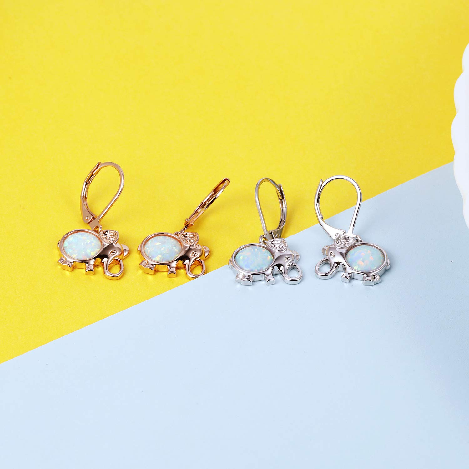 Hypoallergenic Larimar & Created Opal Elephant Dangle Earrings for Women - Elegant Leverback Jewelry for Parties, Weddings & Special Occasions