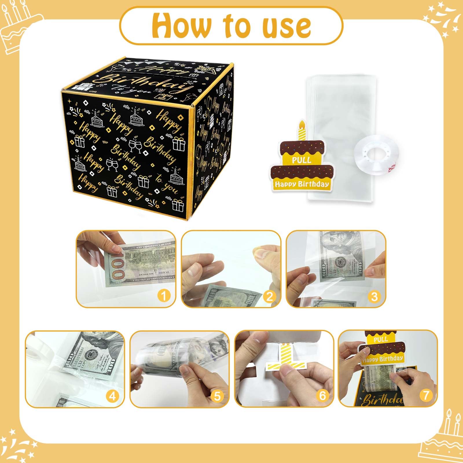Happy Birthday Money Gift Box with Pull Out Card & Cash Holder - Black & Gold DIY Surprise Present Box for Parties, Graduation, Anniversary & Special Occasions