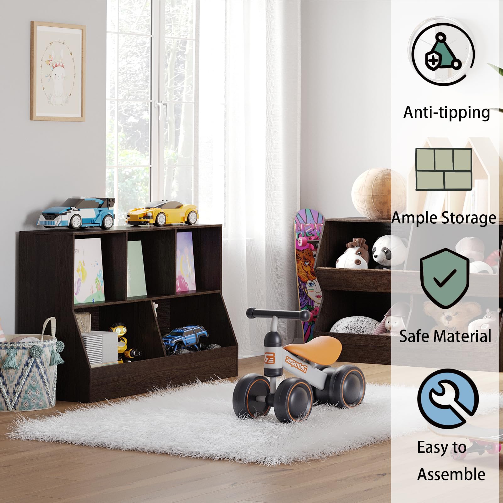 DINZI LVJ 5-Cubby Wooden Toy Storage Organizer & Kids Bookshelf - Espresso Toy Cabinet & Bookcase for Playroom, Bedroom, Nursery - 43.3
