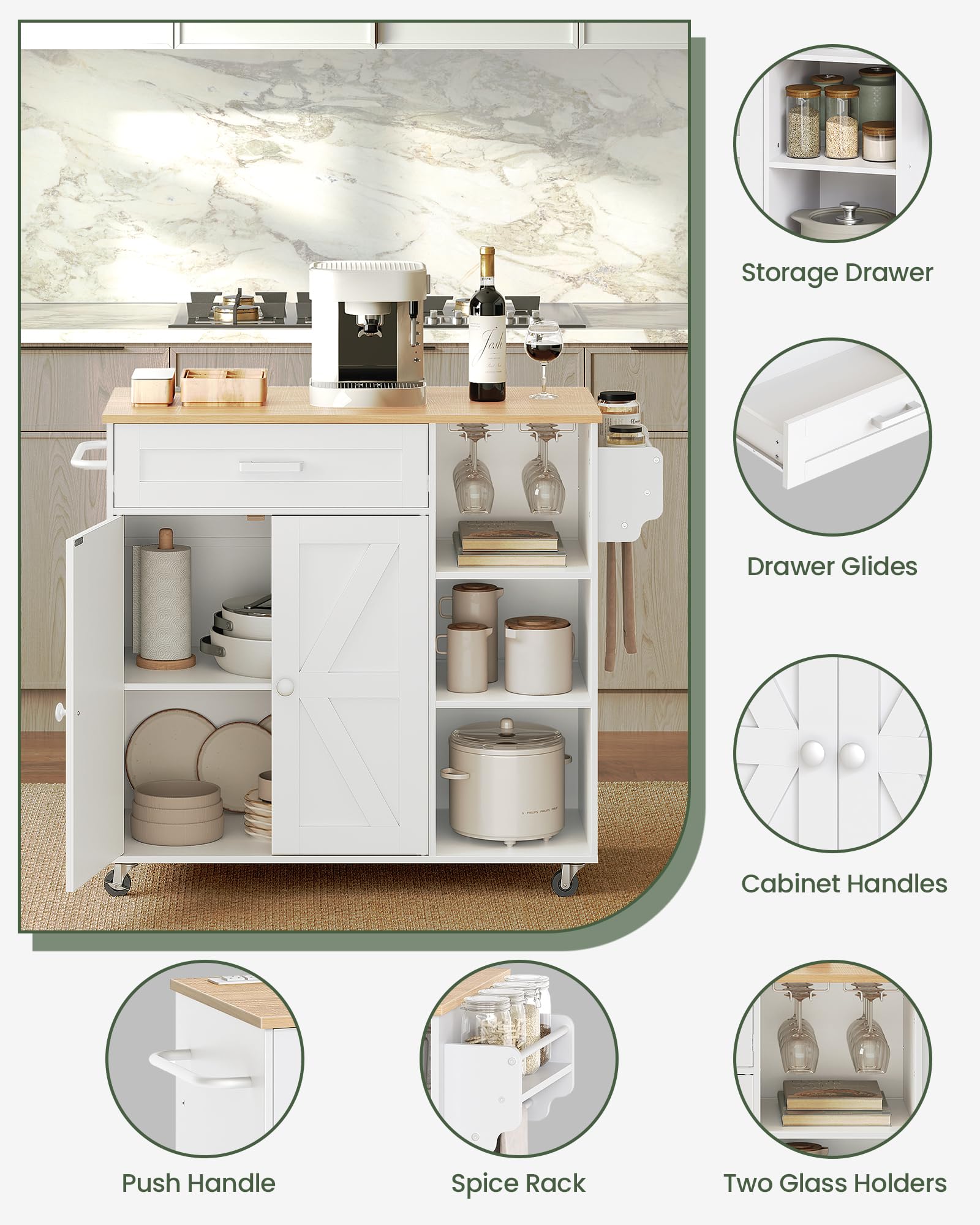 **White & Natural Kitchen Island Cart with Storage, 3 AC Outlets, Spice Rack & Wheels – Mobile Kitchen Workstation for Small Spaces, Dining Prep & Extra Counter Space**