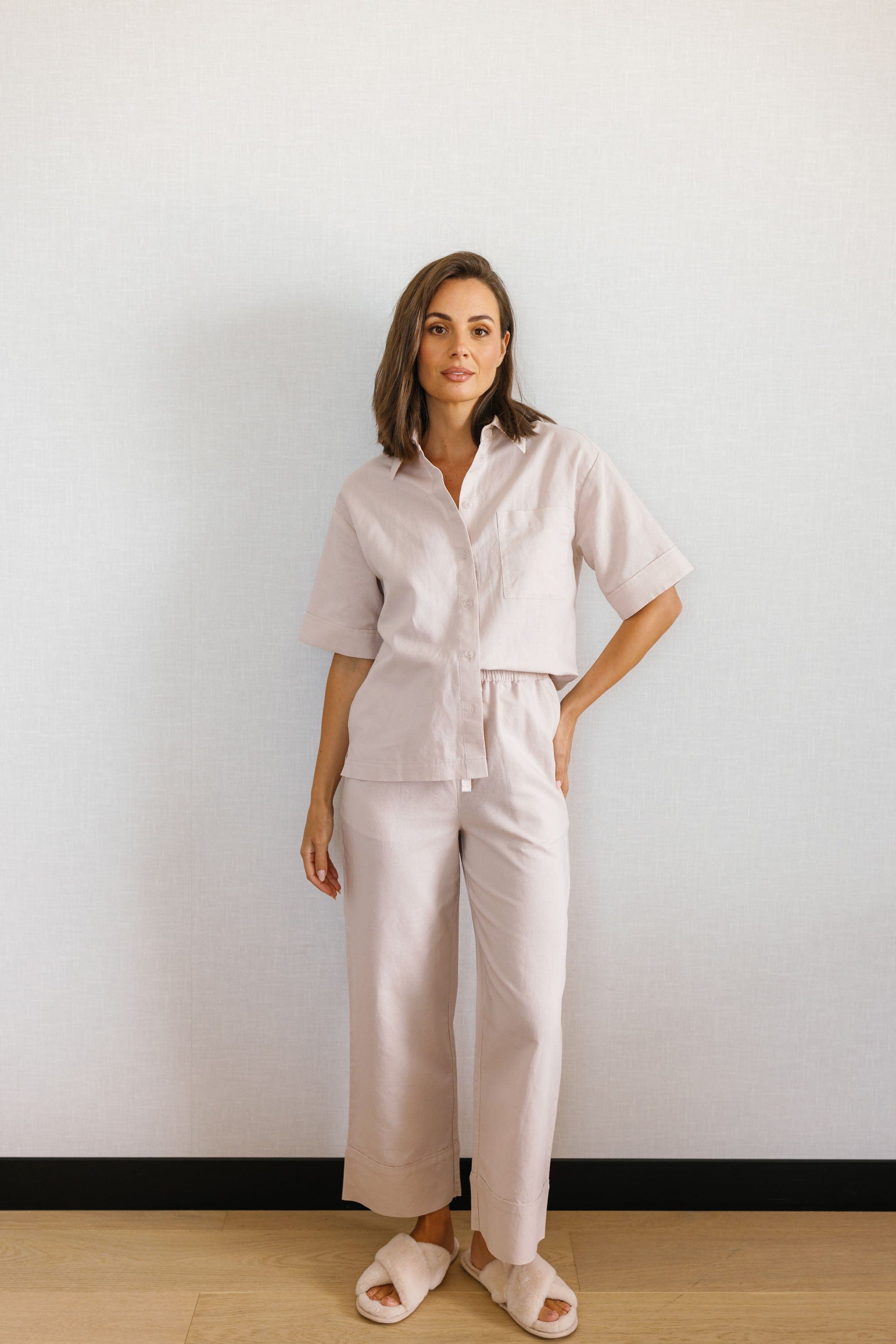 Portia Linen Bridesmaid Pajamas Set - Long Sleeve Champagne Color Sleepwear for Wedding Party, Bachelorette & Bridal Shower Gifts