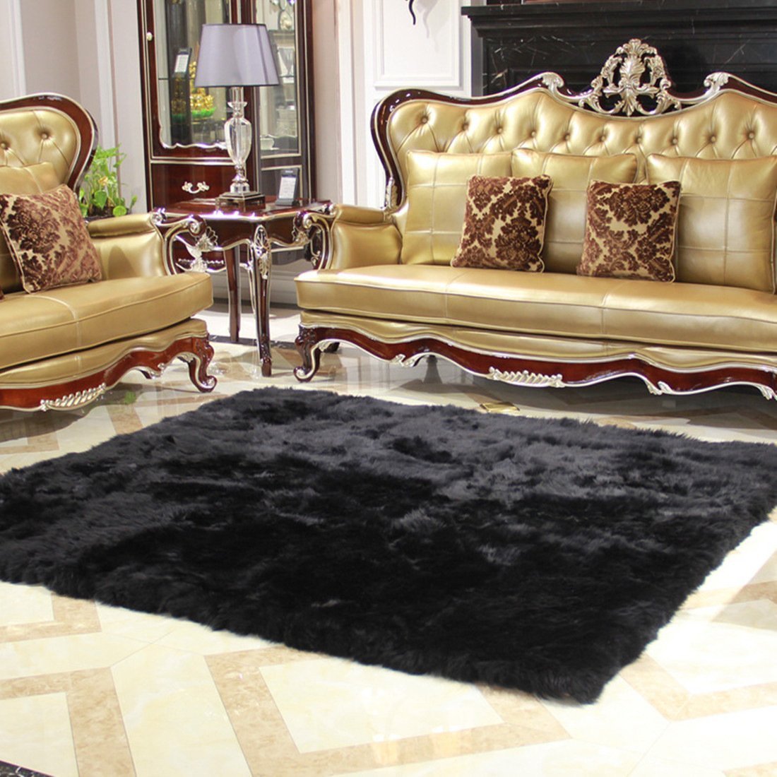 8ftx10ft Faux Fur Sheepskin Area Rug - Soft Fluffy Shaggy Carpet for Baby Bedroom & Nursery, Black Home Decor Square Rugs | Cozy Living Room, Bedside, Play Mat for Kids