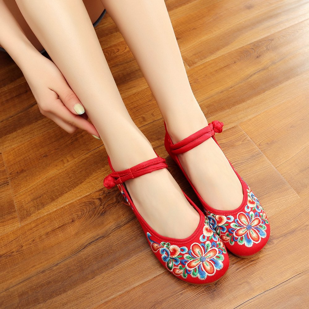 Qhome Women's Chinese Embroidery Mary Jane Flats - Comfortable Casual Walking Shoes for Travel, Work & Daily Wear | Traditional Handmade Design for Spring Summer Outfits