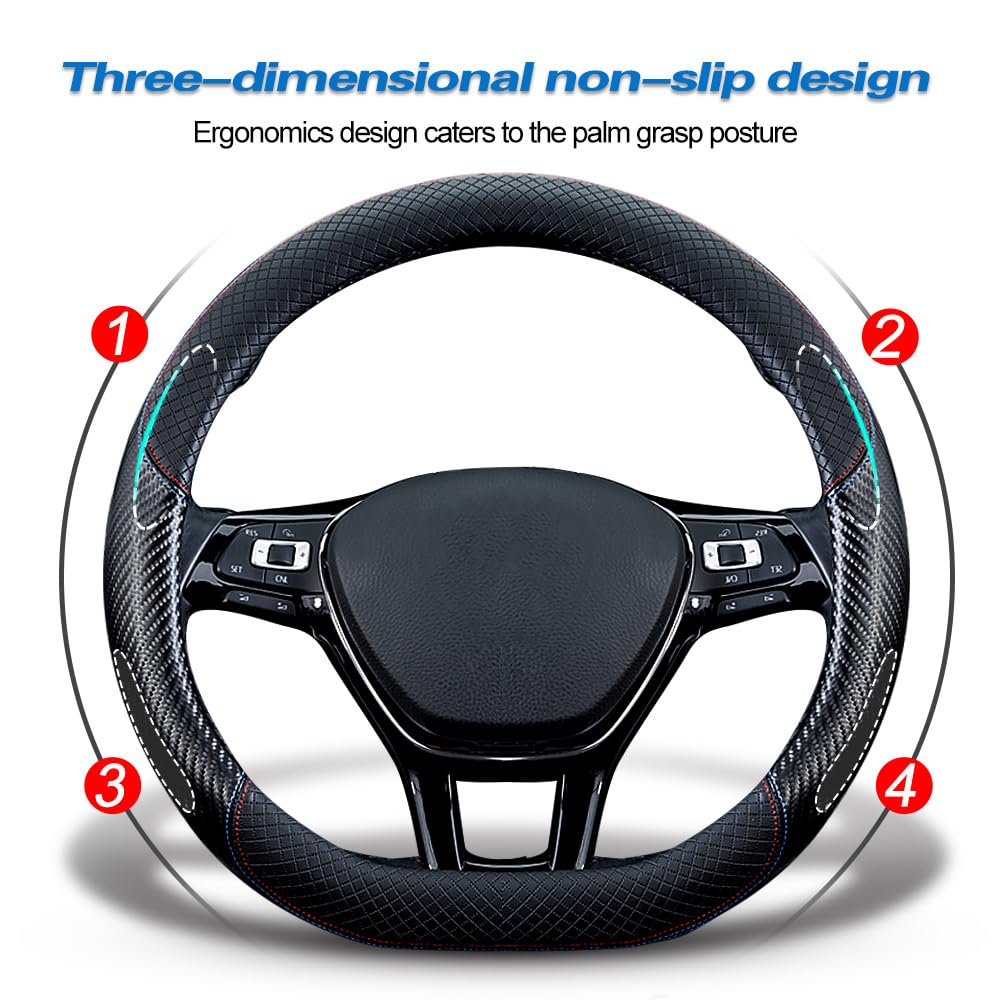 Premium Carbon Fiber & Leather D-Shape Steering Wheel Cover - Non-Slip 15